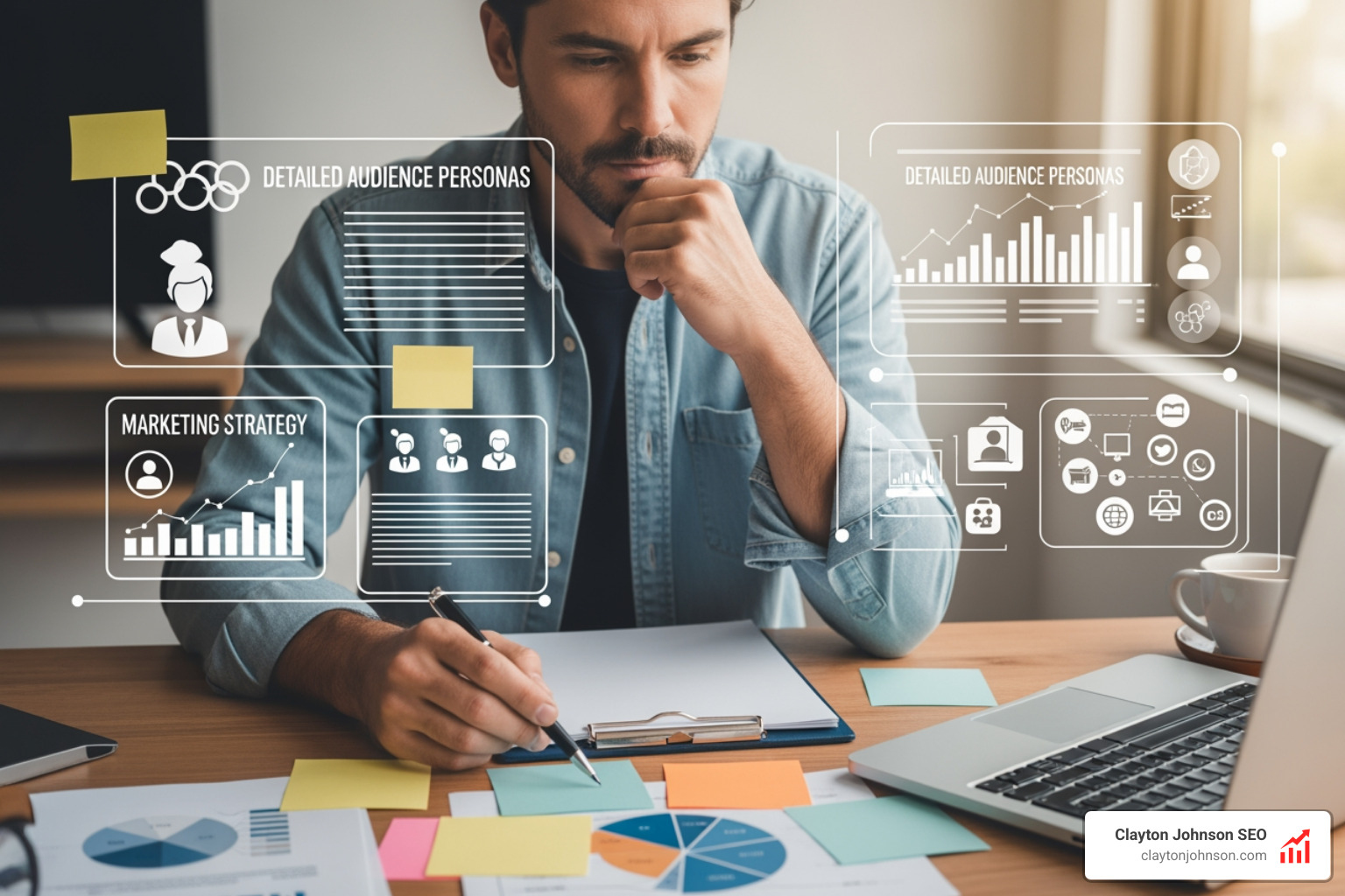 Image of a marketing professional developing detailed audience personas for a social strategy - social media marketing strategy template free