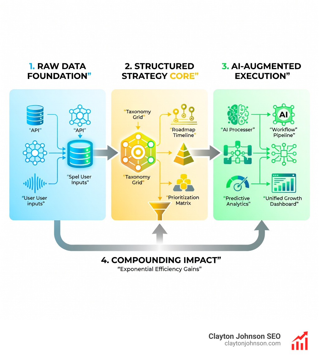 Infographic explaining AI growth architecture: moving from raw data to structured strategy, then applying AI-augmented workflows to achieve compounding growth - AI Tools infographic 