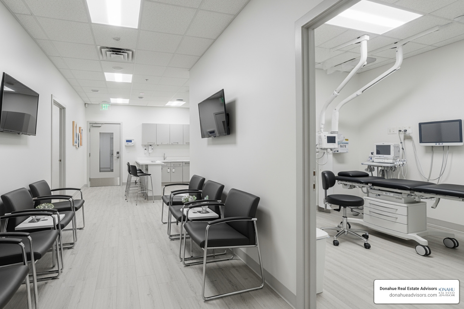 Modern medical office interior in Pittsburgh featuring a clean waiting area and specialized exam room lighting - Medical office lease Pittsburgh