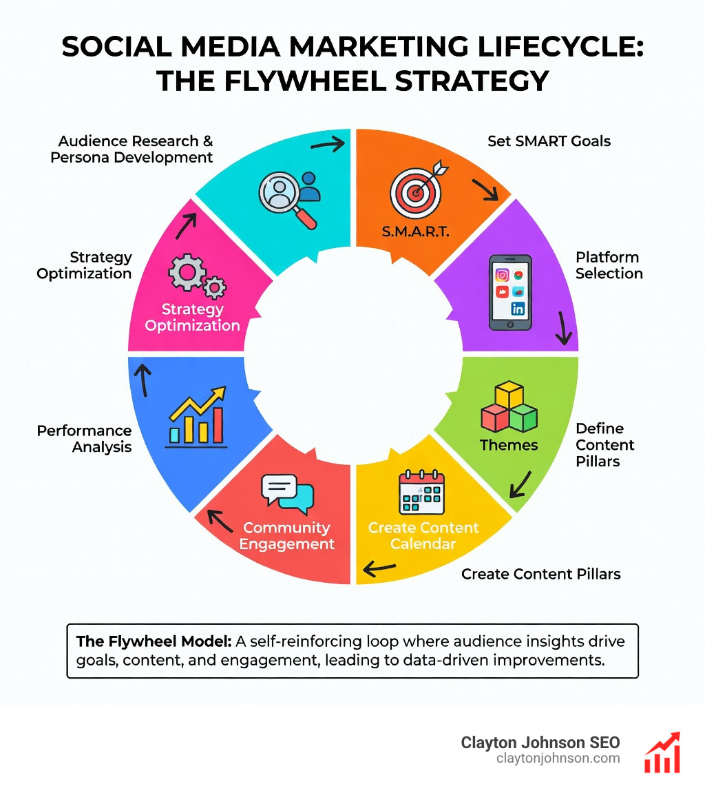 Infographic showing the social media marketing lifecycle: starting with audience research and persona development, flowing through SMART goal setting, platform selection, content pillar definition, content calendar creation, community engagement, and ending with performance analysis and strategy optimization — displayed as a circular flywheel with arrows connecting each stage - social media marketing steps infographic 