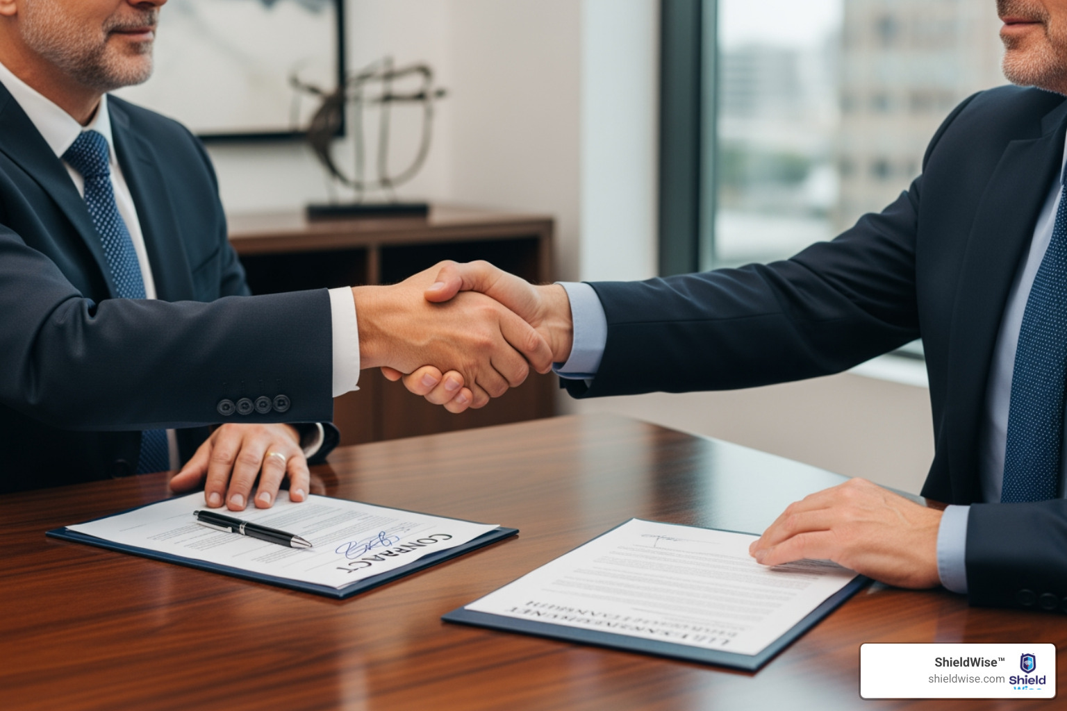 Business partners shaking hands over a signed contract with a life insurance policy visible on the desk - how to structure iul for business planning