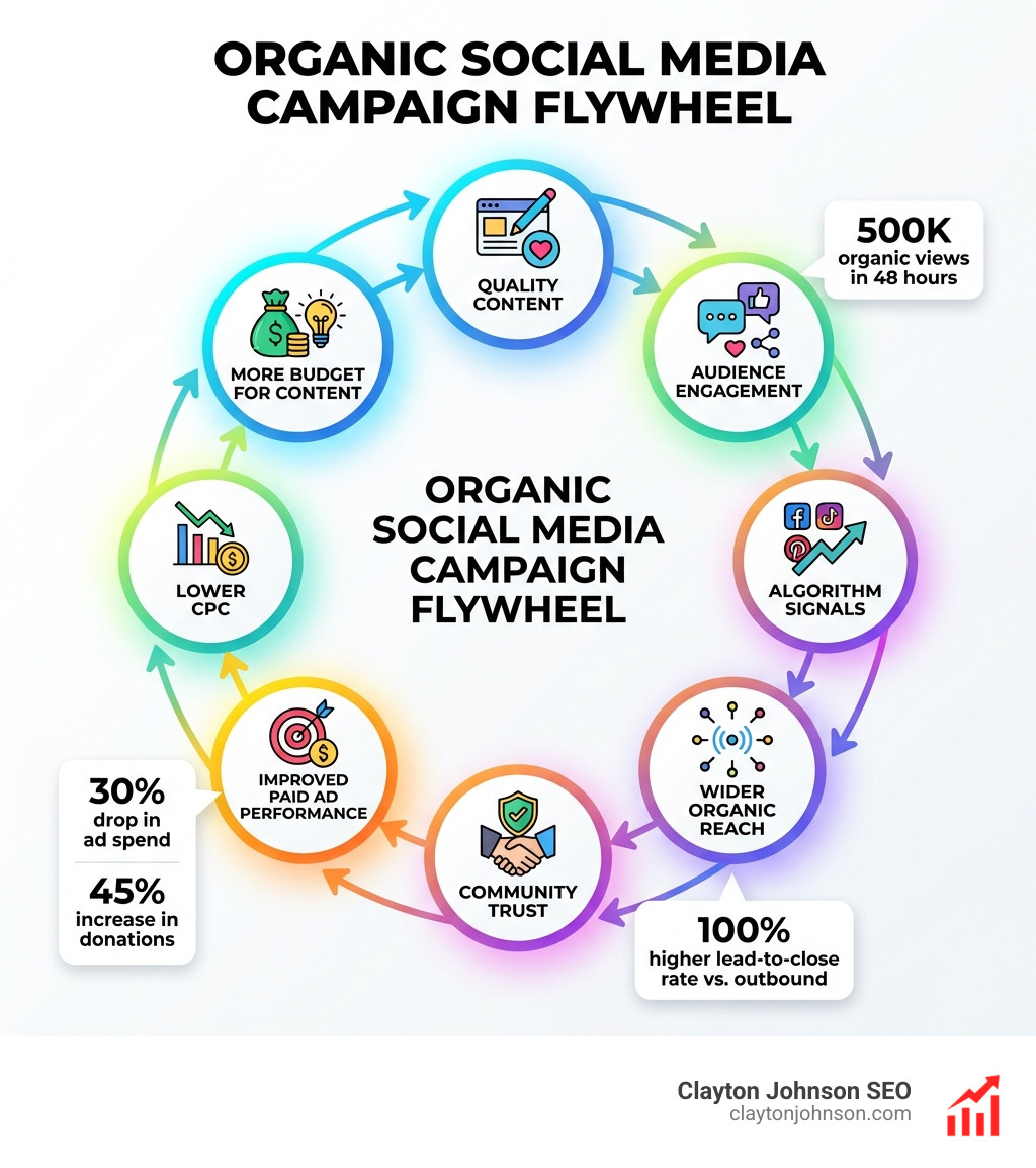 Infographic showing the organic social media campaign flywheel: Quality Content → Audience Engagement → Algorithm Signals → Wider Organic Reach → Community Trust → Improved Paid Ad Performance → Lower CPC → More Budget for Content — cycling back to the start, with key stats: 500K organic views in 48 hours, 30% drop in ad spend, 45% increase in donations, 100% higher lead-to-close rate vs. outbound - organic social media campaigns infographic Infographic showing the organic social media campaign flywheel: Quality Content → Audience Engagement → Algorithm Signals → Wider Organic Reach → Community Trust → Improved Paid Ad Performance → Lower CPC → More Budget for Content — cycling back to the start, with key stats: 500K organic views in 48 hours, 30% drop in ad spend, 45% increase in donations, 100% higher lead-to-close rate vs. outbound - organic social media campaigns infographic