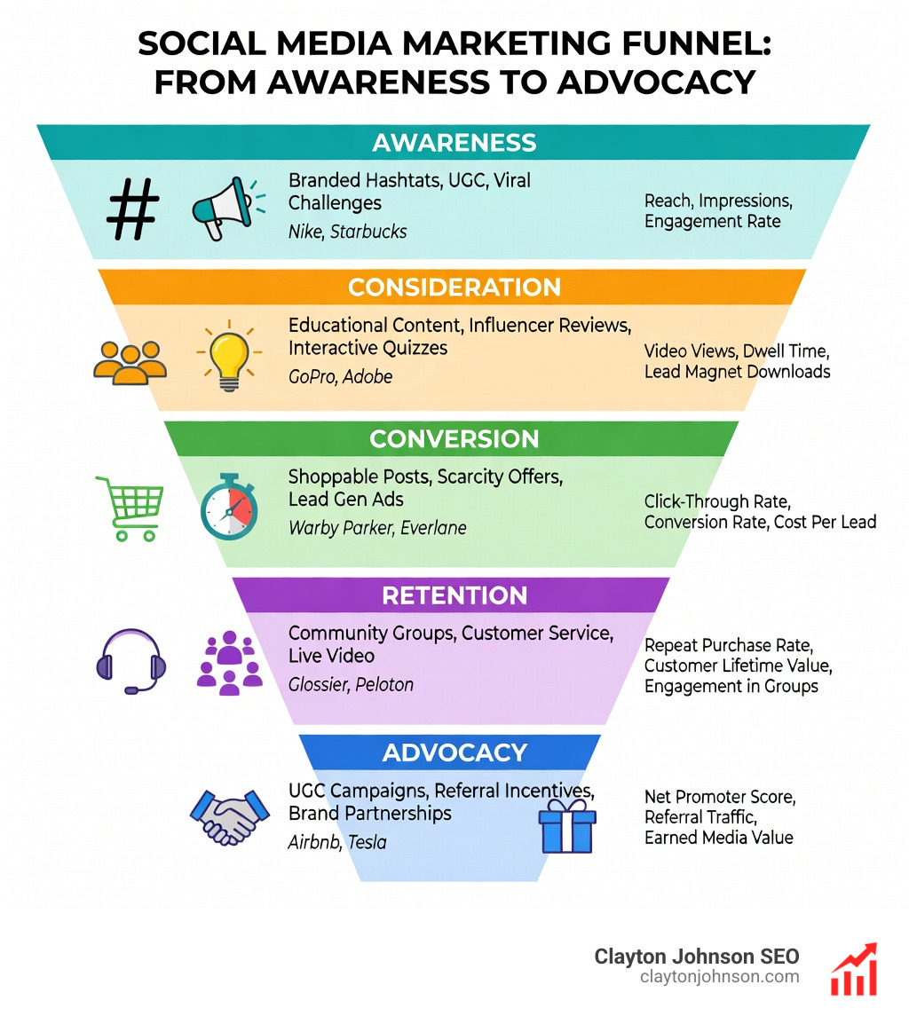 Infographic showing the social media marketing funnel with 5 stages: Awareness (branded hashtags, UGC, viral challenges), Consideration (educational content, influencer reviews, interactive quizzes), Conversion (shoppable posts, scarcity offers, lead gen ads), Retention (community groups, customer service, live video), and Advocacy (UGC campaigns, referral incentives, brand partnerships) — with example brands and key KPIs mapped to each stage - social media marketing strategy examples infographic 