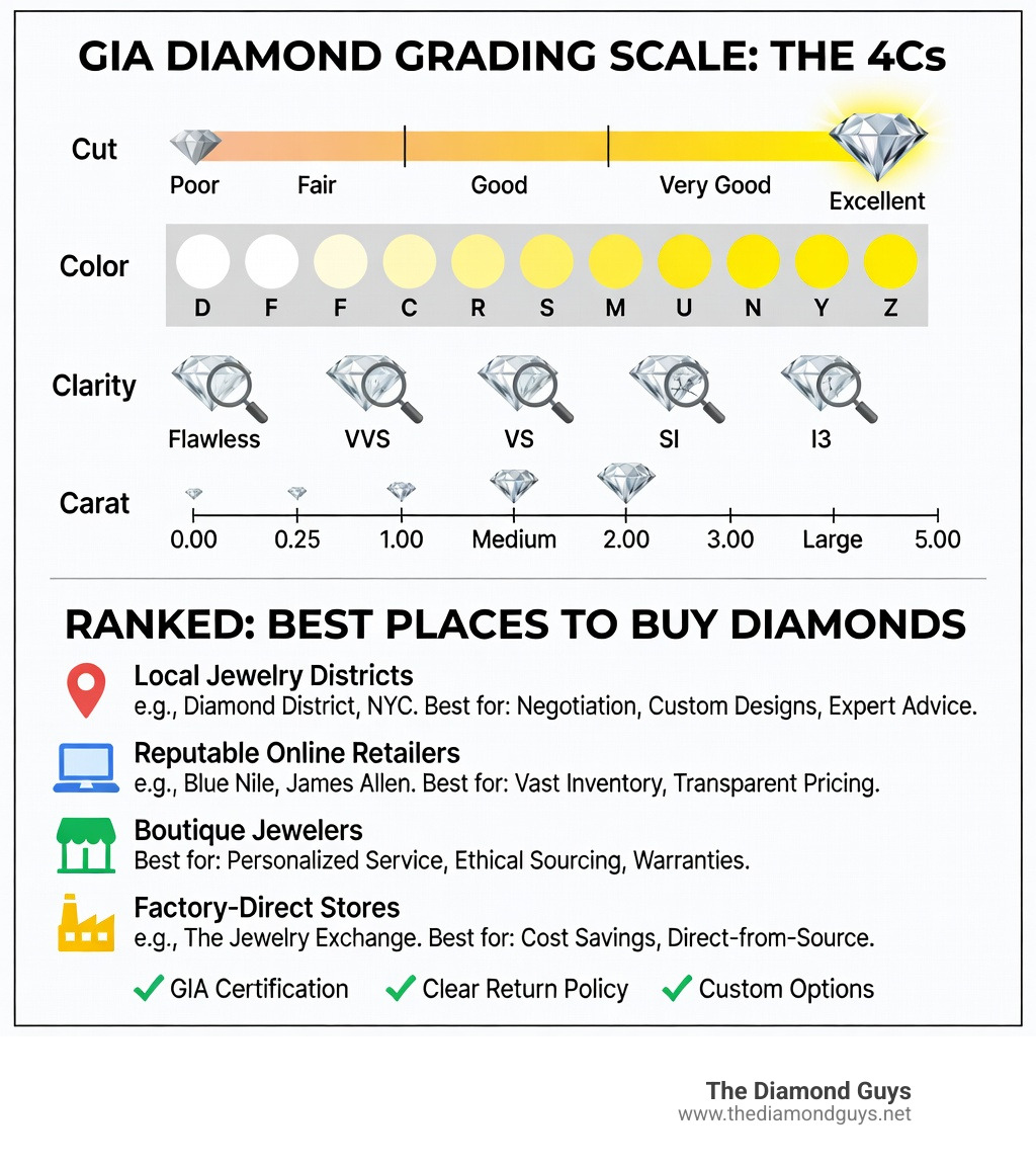 Infographic showing the GIA diamond grading scale with the 4Cs: Cut graded from Poor to Excellent, Color graded D to Z, Clarity from Flawless to I3, and Carat weight shown on a scale; alongside a ranked list of best places to buy diamonds including local jewelry districts, online retailers, boutique jewelers, and factory-direct stores, with key buying criteria like GIA certification, return policy, and custom design options - Best place buy diamond infographic Infographic showing the GIA diamond grading scale with the 4Cs: Cut graded from Poor to Excellent, Color graded D to Z, Clarity from Flawless to I3, and Carat weight shown on a scale; alongside a ranked list of best places to buy diamonds including local jewelry districts, online retailers, boutique jewelers, and factory-direct stores, with key buying criteria like GIA certification, return policy, and custom design options - Best place buy diamond infographic