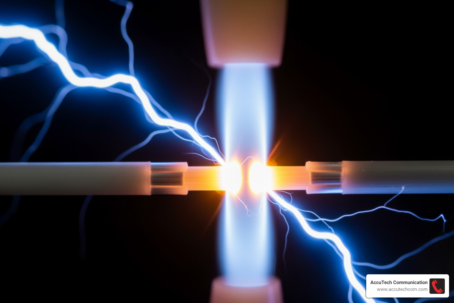 Close-up of two fiber cores being aligned and fused by an electric arc - Fiber optic fusion splicing