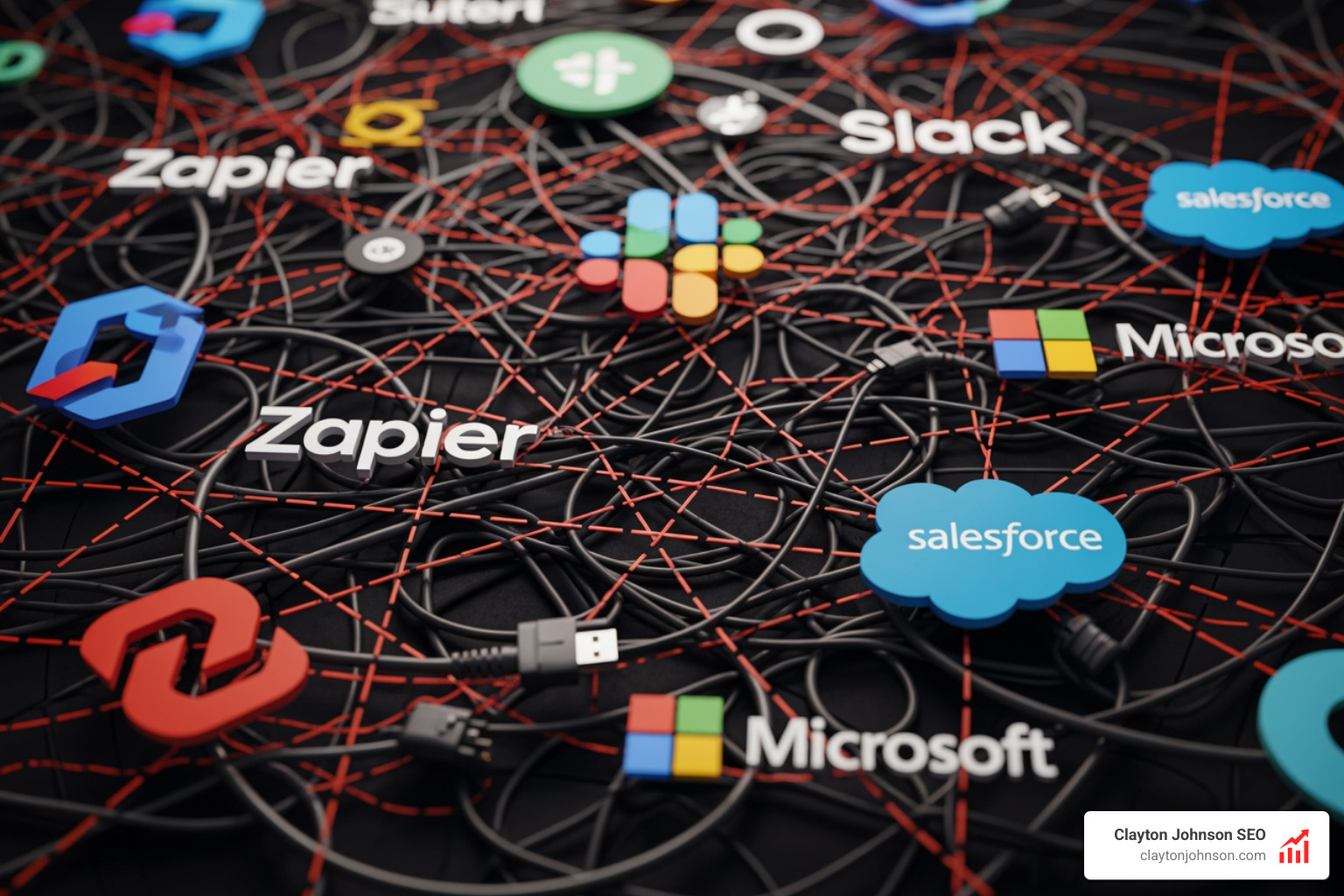 A complex web of software logos showing the difficulty of connecting different apps - ai powered tools