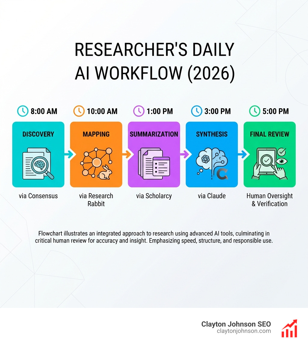 A flowchart showing a researcher's daily workflow: 8:00 AM - Discovery via Consensus; 10:00 AM - Mapping via Research Rabbit; 1:00 PM - Summarization via Scholarcy; 3:00 PM - Synthesis via Claude; 5:00 PM - Final human review and verification - ai tools for research infographic 