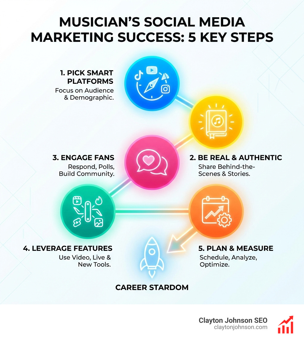 Infographic showing key steps for musicians' social media marketing success - social media marketing strategy for musicians infographic 