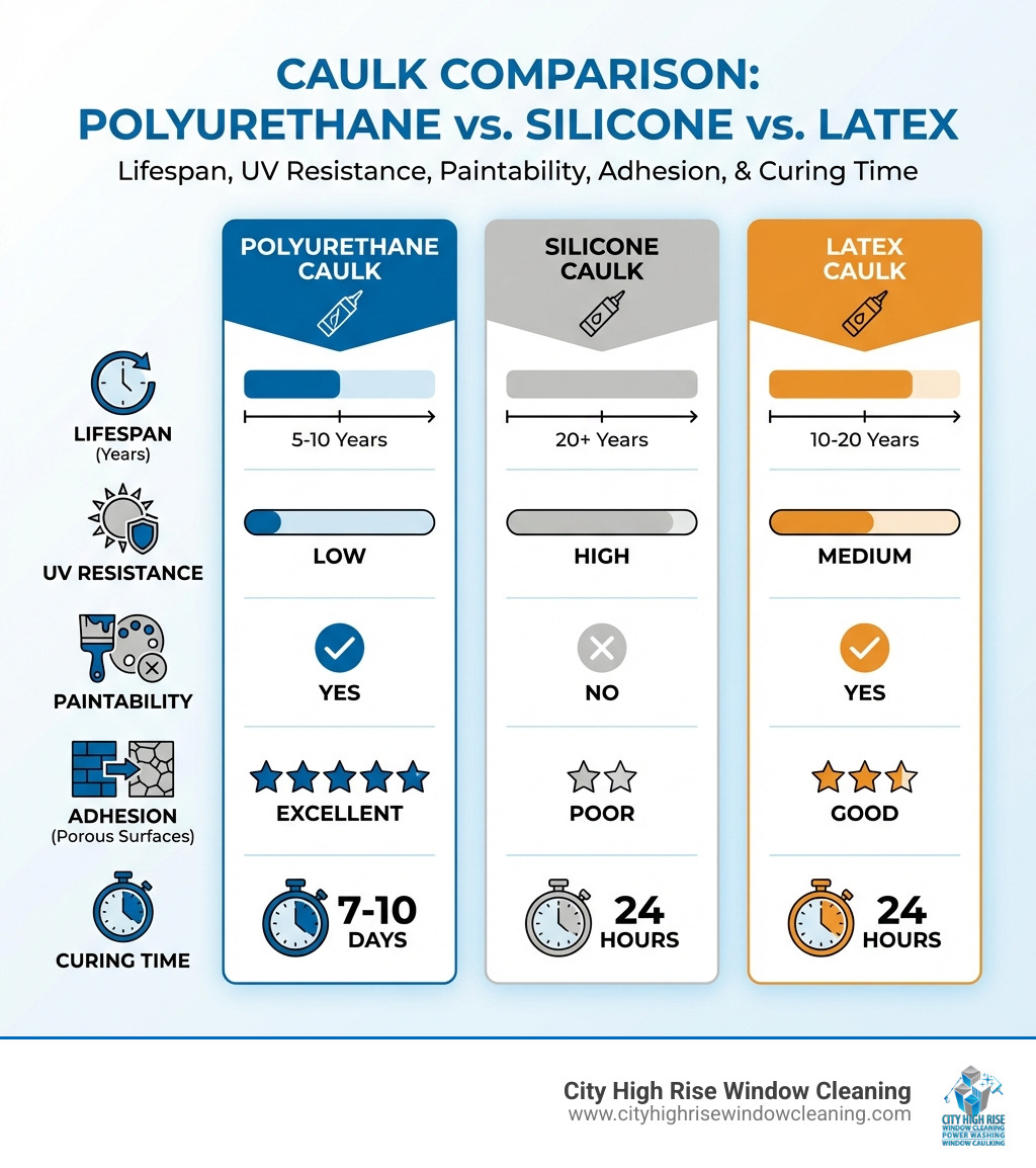 Infographic comparing polyurethane, silicone, and latex caulk side by side showing lifespan in years (polyurethane 5-10 years, silicone 20+ years, latex 10-20 years), UV resistance ratings (low, high, medium), paintability (yes, no, yes), adhesion to porous surfaces (excellent, poor, good), and typical curing time (7-10 days, 24 hours, 24 hours), with icons for each property and a color-coded comparison chart - best polyurethane caulk for windows infographic Infographic comparing polyurethane, silicone, and latex caulk side by side showing lifespan in years (polyurethane 5-10 years, silicone 20+ years, latex 10-20 years), UV resistance ratings (low, high, medium), paintability (yes, no, yes), adhesion to porous surfaces (excellent, poor, good), and typical curing time (7-10 days, 24 hours, 24 hours), with icons for each property and a color-coded comparison chart - best polyurethane caulk for windows infographic
