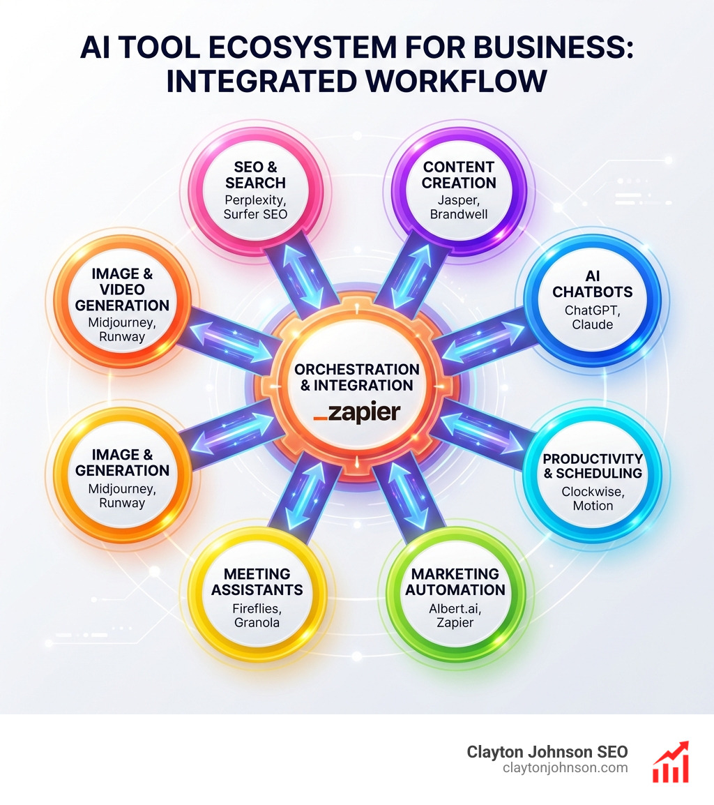 Infographic showing the AI tool ecosystem for business: categories include Content Creation (Jasper, Brandwell), AI Chatbots (ChatGPT, Claude), Productivity and Scheduling (Clockwise, Motion), Marketing Automation (Albert.ai, Zapier), Meeting Assistants (Fireflies, Granola), Image and Video Generation (Midjourney, Runway), and SEO and Search (Perplexity, Surfer SEO), with arrows showing how an orchestration layer like Zapier connects all categories into one integrated workflow system - ai powered tools infographic 