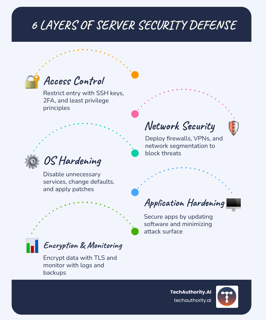 Infographic showing the 6 layers of server security defense: Access Control at the top, followed by Network Security, Operating System Hardening, Application Hardening, Data Encryption, and Monitoring and Backup at the base, arranged as a pyramid with brief descriptions of each layer and icons representing firewalls, SSH keys, patch management, SSL certificates, and SIEM tools - server security infographic infographic-line-5-steps-blues-accent_colors
