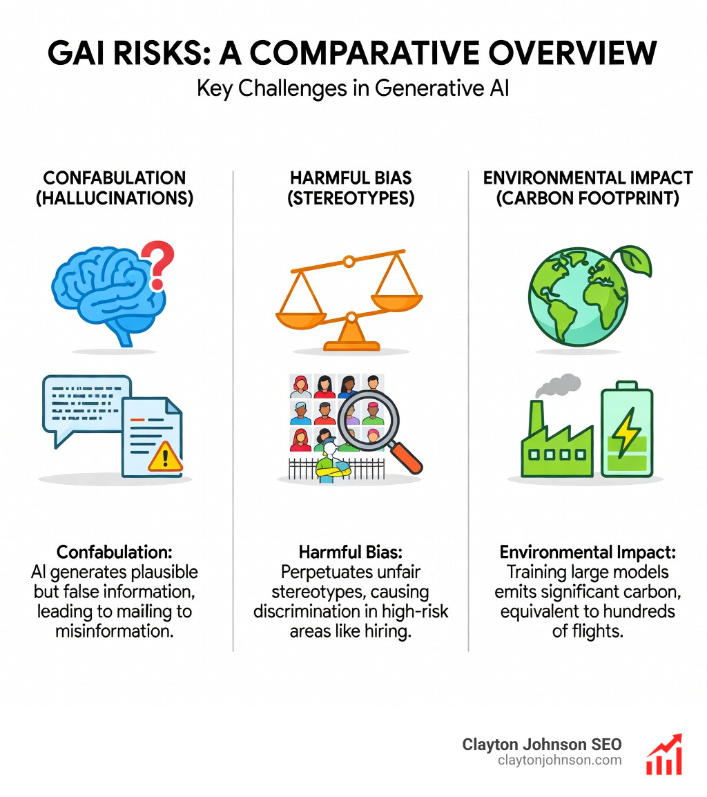 Infographic comparing GAI risks: Confabulation (hallucinations), Harmful Bias (stereotypes), and Environmental Impact (carbon footprint of training) - ai governance standards infographic Infographic comparing GAI risks: Confabulation (hallucinations), Harmful Bias (stereotypes), and Environmental Impact (carbon footprint of training) - ai governance standards infographic