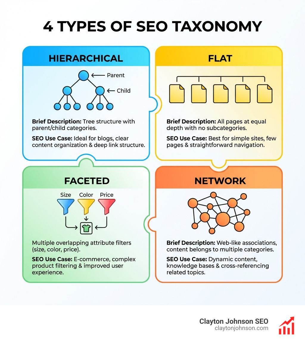 Infographic showing the four types of SEO taxonomy: Hierarchical (tree structure with parent/child categories), Flat (all pages at equal depth with no subcategories), Faceted (multiple overlapping attribute filters like size, color, price), and Network (web-like associations where content belongs to multiple categories simultaneously)  with icons, brief descriptions, and SEO use case examples for each type - seo taxonomy ai tool infographic 