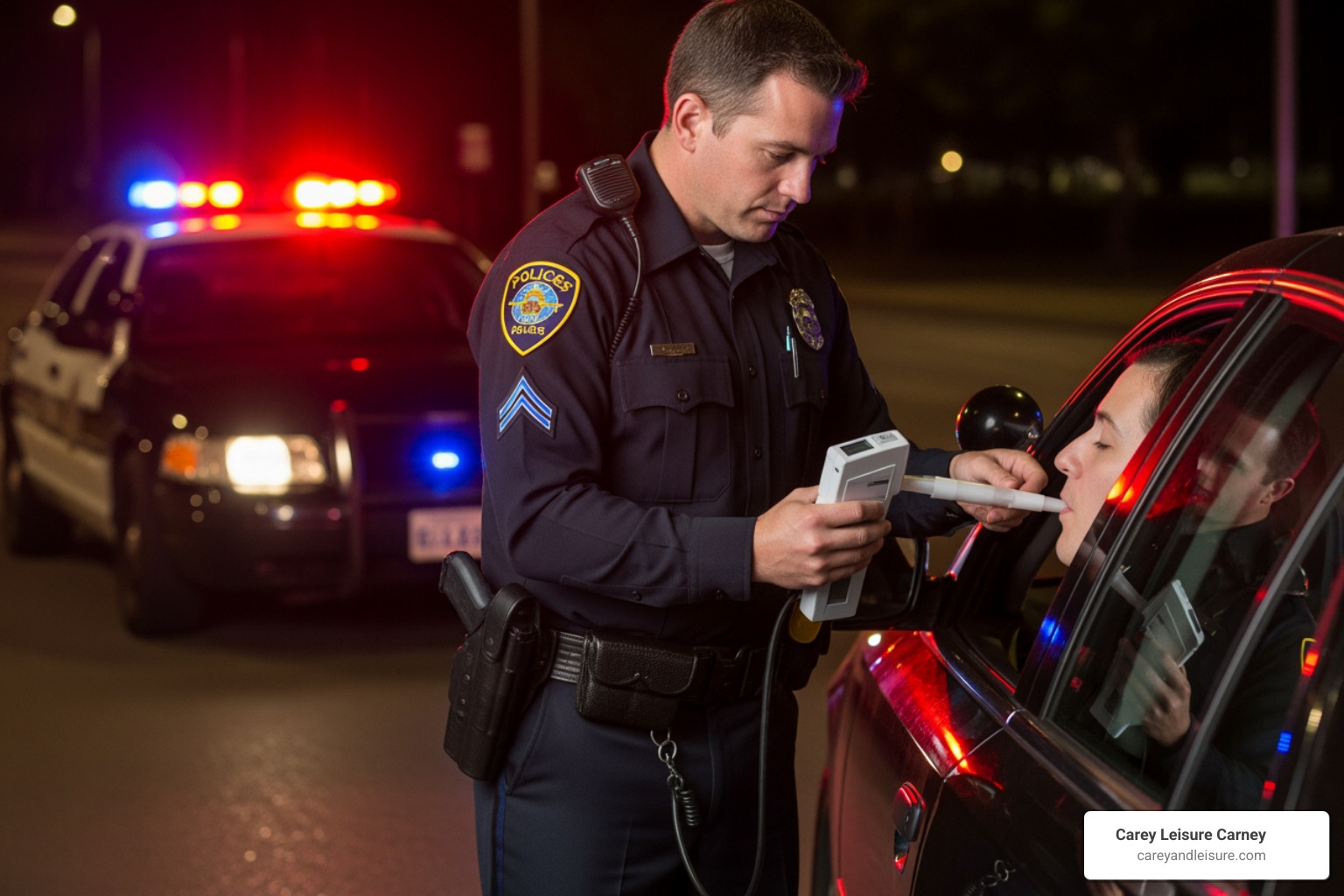 police officer administering a breathalyzer test during a traffic stop - Drunk driving legal advice