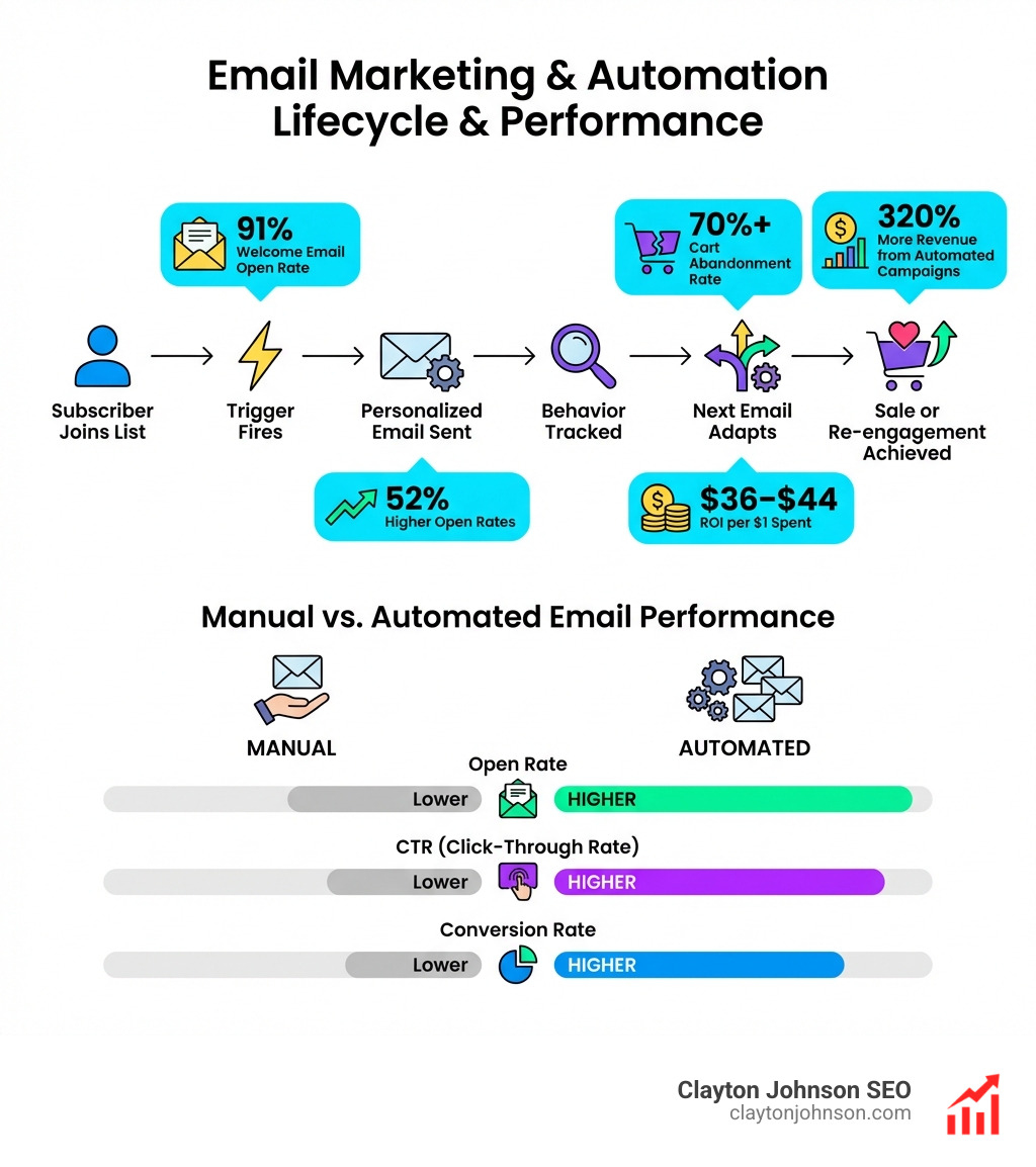 Infographic showing the email marketing automation lifecycle: subscriber joins list → trigger fires → personalized email sent → behavior tracked → next email adapts → sale or re-engagement achieved; includes key stats: 52% higher open rates, $36–$44 ROI per $1 spent, 320% more revenue from automated campaigns, 70%+ cart abandonment rate, 91% welcome email open rate; compares manual vs automated email performance across open rate, CTR, and conversion rate - Email Marketing & Automation infographic Infographic showing the email marketing automation lifecycle: subscriber joins list → trigger fires → personalized email sent → behavior tracked → next email adapts → sale or re-engagement achieved; includes key stats: 52% higher open rates, $36–$44 ROI per $1 spent, 320% more revenue from automated campaigns, 70%+ cart abandonment rate, 91% welcome email open rate; compares manual vs automated email performance across open rate, CTR, and conversion rate - Email Marketing & Automation infographic