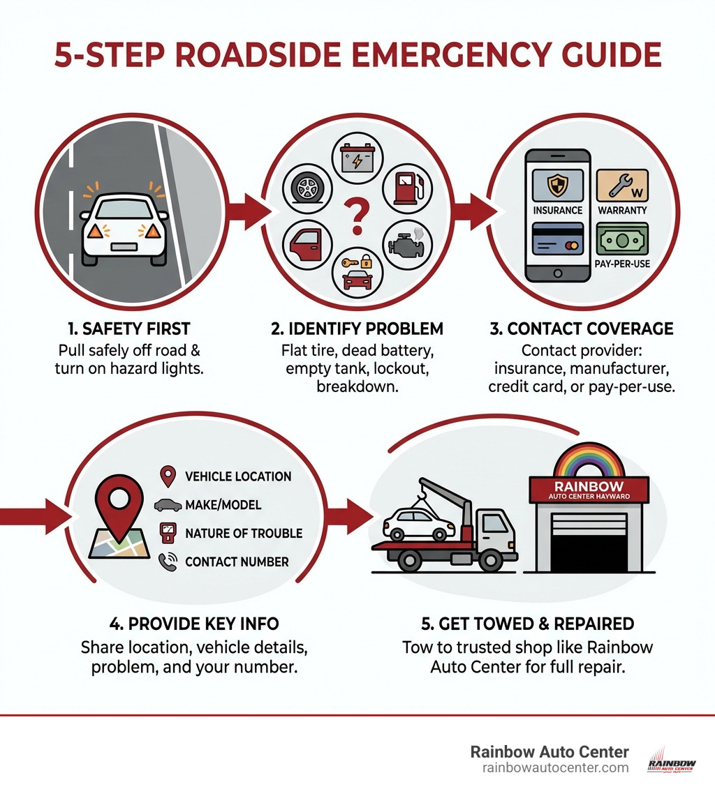 Infographic showing 5 steps in a roadside emergency: Step 1 - Pull safely off the road and turn on hazard lights; Step 2 - Identify the problem (flat tire, dead battery, empty tank, lockout, breakdown); Step 3 - Contact your coverage provider (insurance, manufacturer warranty, credit card, or pay-per-use tow); Step 4 - Provide key info: vehicle location, make/model, nature of trouble, and contact number; Step 5 - Get towed to a trusted repair shop like Rainbow Auto Center in Hayward for full-service collision or mechanical repair - 24hr roadside service infographic 