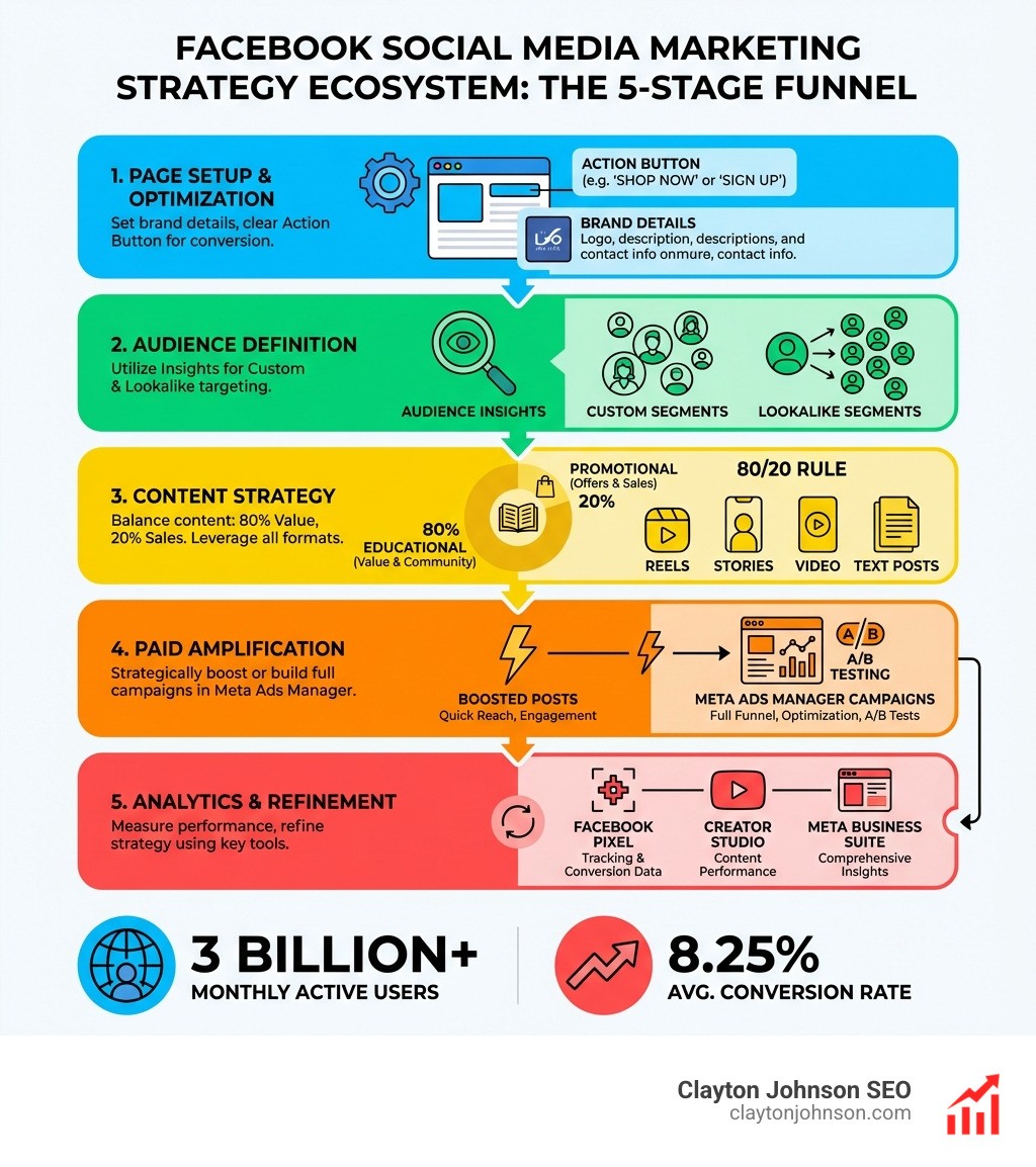 Infographic showing the Facebook marketing strategy ecosystem: a funnel divided into 5 stages — (1) Page Setup and Optimization with action buttons and brand details, (2) Audience Definition using Audience Insights with custom and lookalike segments, (3) Content Strategy showing the 80/20 rule with educational vs promotional split and post types including Reels, Stories, video, and text, (4) Paid Amplification with boosted posts vs Meta Ads Manager campaigns and A/B testing, and (5) Analytics and Refinement using Facebook Pixel, Creator Studio, and Meta Business Suite — with key stats including 3 billion monthly users and 8.25% average conversion rate - facebook social media marketing strategy infographic Infographic showing the Facebook marketing strategy ecosystem: a funnel divided into 5 stages — (1) Page Setup and Optimization with action buttons and brand details, (2) Audience Definition using Audience Insights with custom and lookalike segments, (3) Content Strategy showing the 80/20 rule with educational vs promotional split and post types including Reels, Stories, video, and text, (4) Paid Amplification with boosted posts vs Meta Ads Manager campaigns and A/B testing, and (5) Analytics and Refinement using Facebook Pixel, Creator Studio, and Meta Business Suite — with key stats including 3 billion monthly users and 8.25% average conversion rate - facebook social media marketing strategy infographic