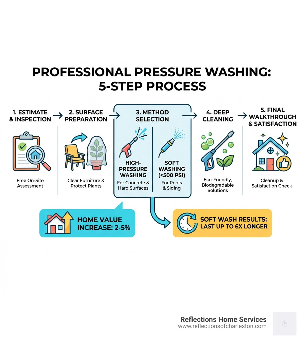 Infographic showing a 5-step professional pressure washing process: Step 1 - Free on-site estimate and surface inspection; Step 2 - Surface preparation including clearing furniture and protecting plants; Step 3 - Method selection (high-pressure washing for concrete and hard surfaces vs. soft washing under 500 PSI for roofs and siding); Step 4 - Deep cleaning with eco-friendly, biodegradable solutions; Step 5 - Final walkthrough, cleanup, and satisfaction check — with callout stats showing 2-5% home value increase and results lasting up to 6x longer with soft washing - pressure washing services infographic 