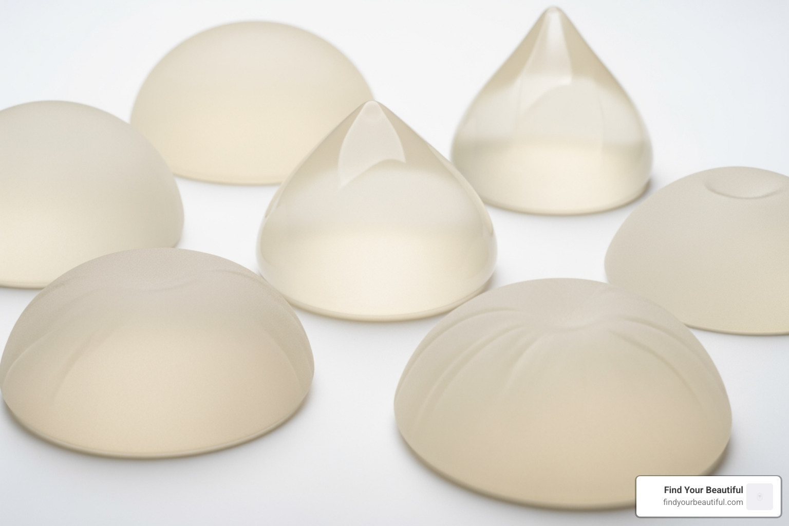 Different types of breast implants including round silicone, teardrop shaped, and saline options - breast augmentation san antonio