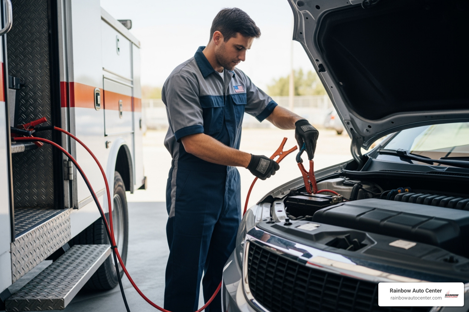 Mechanic performing a battery jump-start service - 24hr roadside service