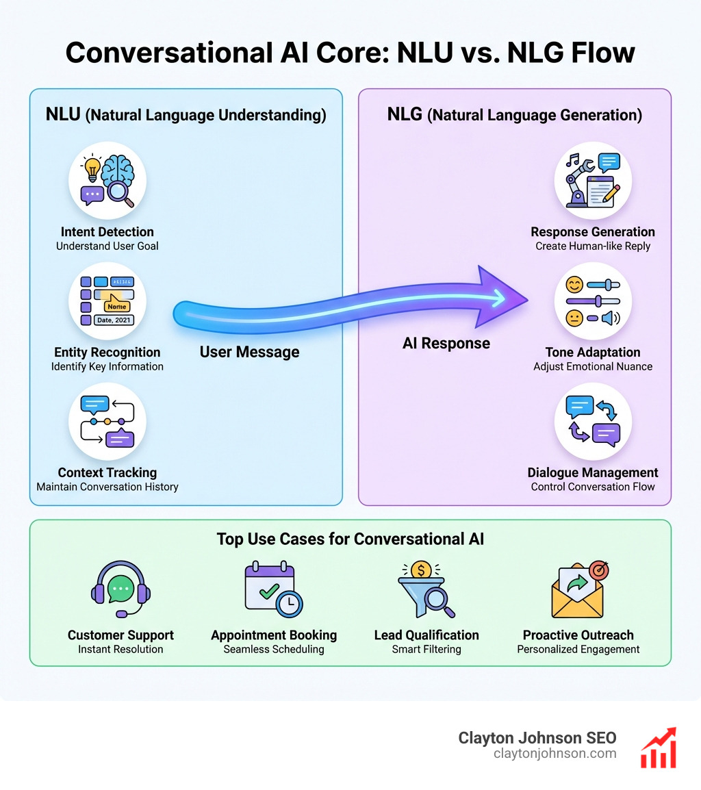 Infographic comparing NLU and NLG in conversational AI tools: left side shows NLU (Natural Language Understanding) with icons for intent detection, entity recognition, and context tracking; right side shows NLG (Natural Language Generation) with icons for response generation, tone adaptation, and dialogue management; center arrow shows the input-to-output flow from user message to AI response; bottom section lists top use cases: customer support, appointment booking, lead qualification, and proactive outreach - conversational ai tools infographic 