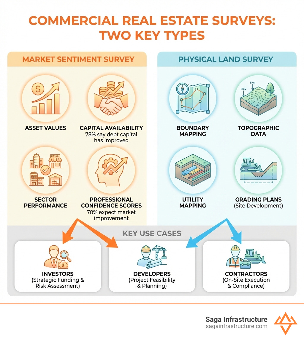 Infographic showing the two types of commercial real estate surveys: (1) Market Sentiment Survey with icons for asset values, capital availability, sector performance, and professional confidence scores with example statistics like 70% expect market improvement and 78% say debt capital has improved; (2) Physical Land Survey with icons for boundary mapping, topographic data, utility mapping, and grading plans used in site development; both types shown side by side with arrows pointing to their key use cases for investors, developers, and contractors - commercial real estate survey infographic Infographic showing the two types of commercial real estate surveys: (1) Market Sentiment Survey with icons for asset values, capital availability, sector performance, and professional confidence scores with example statistics like 70% expect market improvement and 78% say debt capital has improved; (2) Physical Land Survey with icons for boundary mapping, topographic data, utility mapping, and grading plans used in site development; both types shown side by side with arrows pointing to their key use cases for investors, developers, and contractors - commercial real estate survey infographic