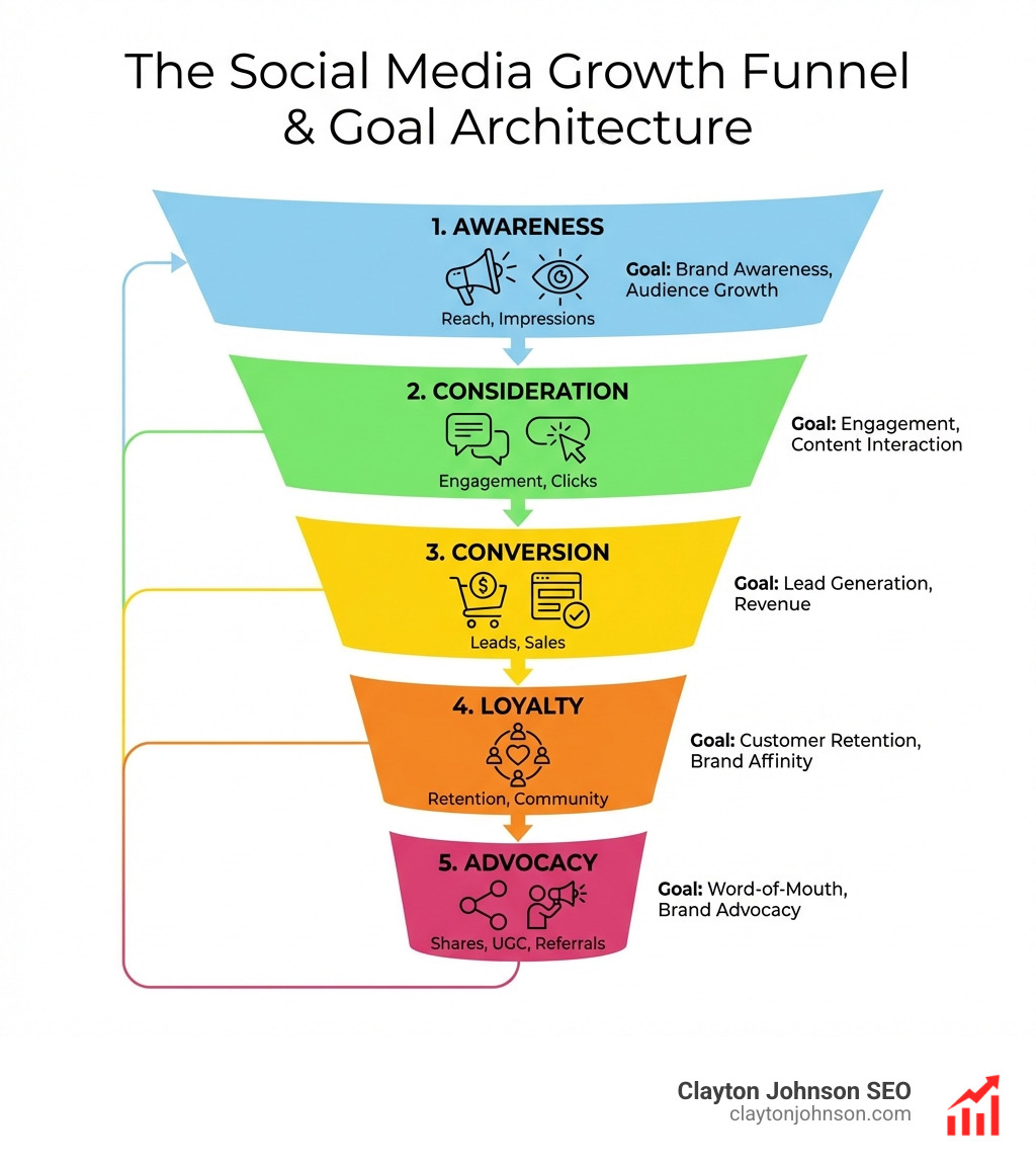 Infographic showing the social media marketing funnel with five stages: Awareness (reach and impressions), Consideration (engagement and clicks), Conversion (leads and sales), Loyalty (retention and community), and Advocacy (shares, UGC, and referrals), with example KPIs and goal types mapped to each stage - social media growth goals infographic Infographic showing the social media marketing funnel with five stages: Awareness (reach and impressions), Consideration (engagement and clicks), Conversion (leads and sales), Loyalty (retention and community), and Advocacy (shares, UGC, and referrals), with example KPIs and goal types mapped to each stage - social media growth goals infographic