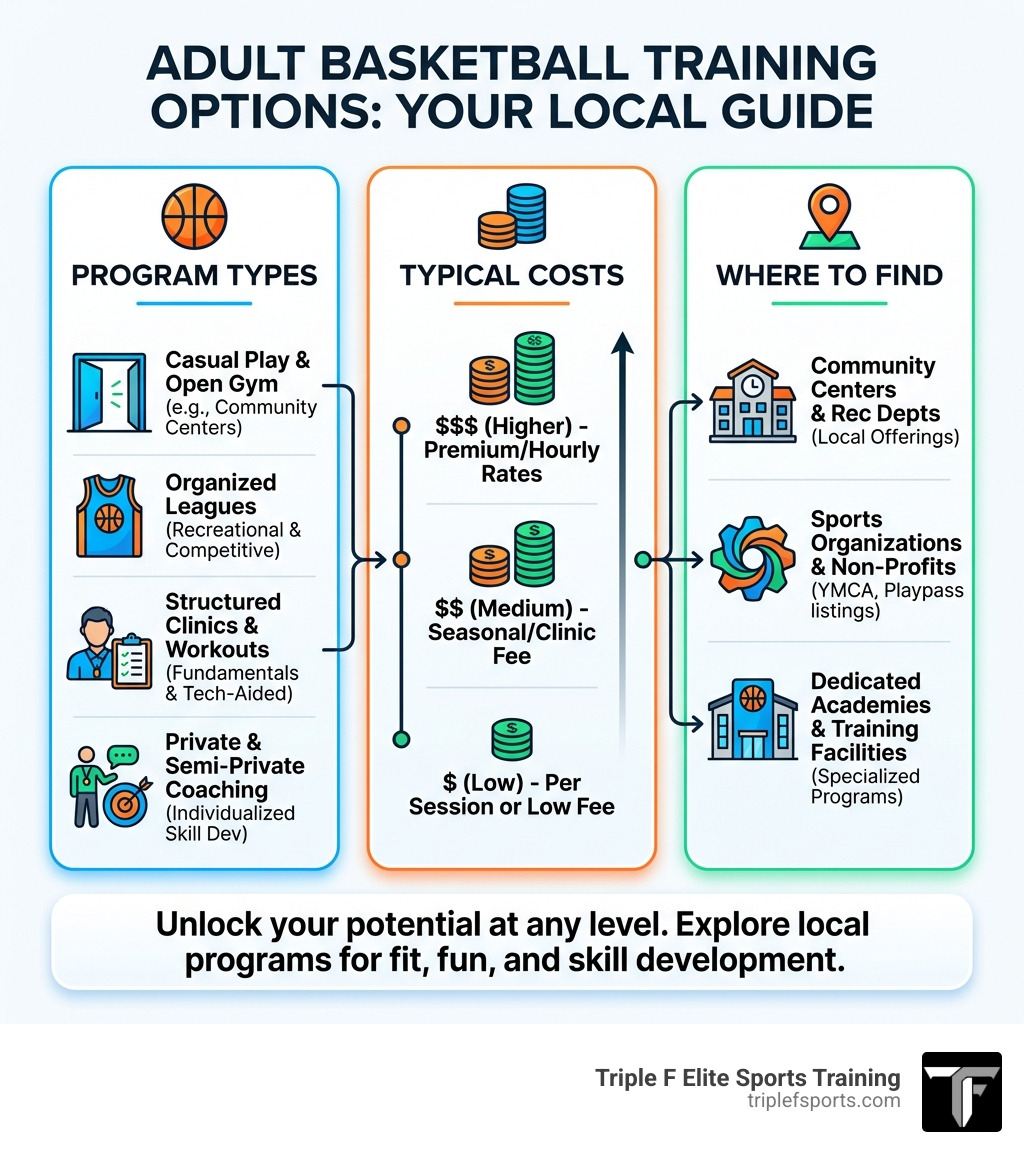 Key options for adult basketball training near you, including types of programs, typical costs, and where to find them - adult basketball training near me infographic Key options for adult basketball training near you, including types of programs, typical costs, and where to find them - adult basketball training near me infographic