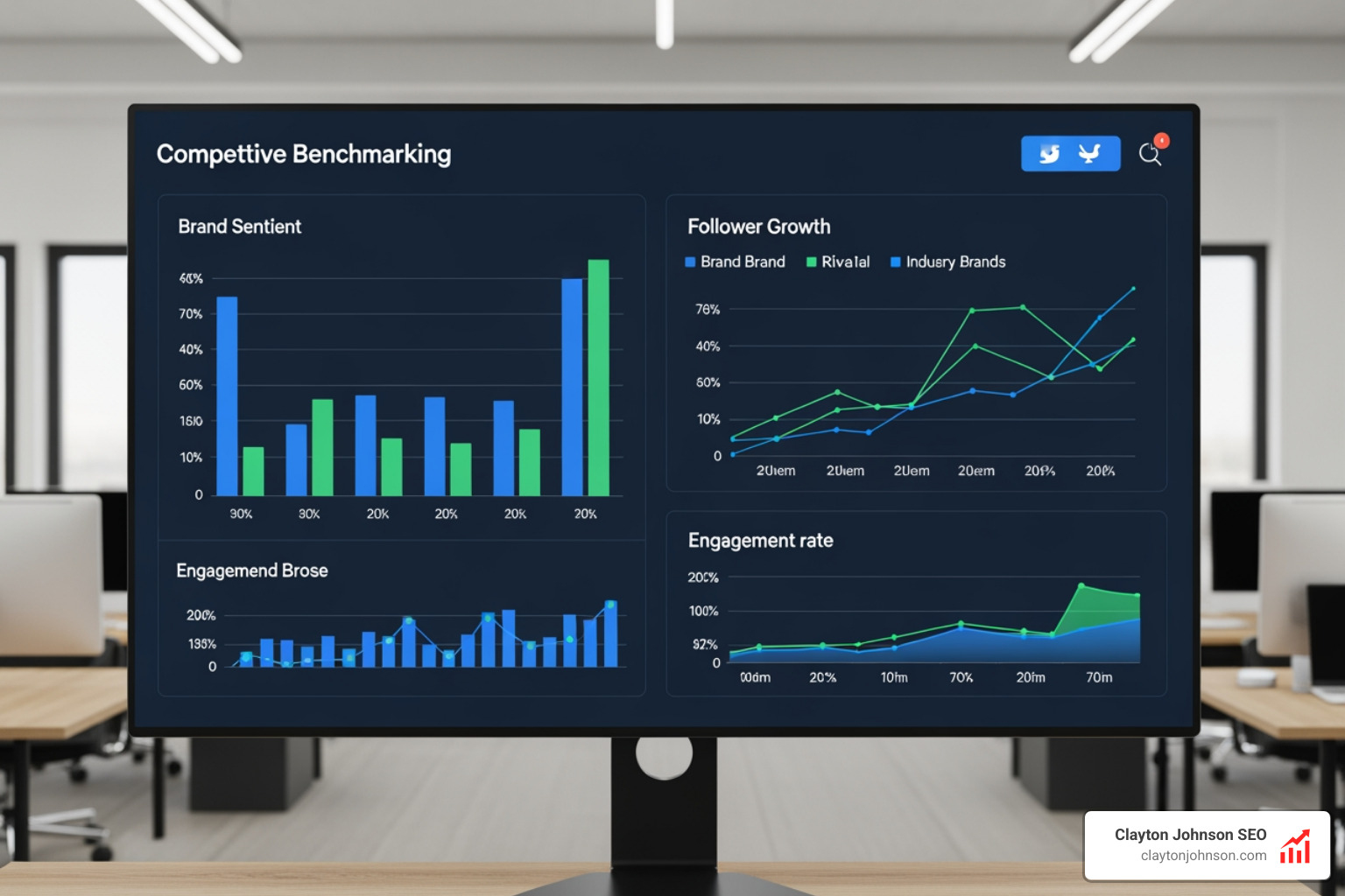 Competitive benchmarking chart showing brand sentiment, follower growth, and engagement rate compared to three industry rivals - social media growth goals Competitive benchmarking chart showing brand sentiment, follower growth, and engagement rate compared to three industry rivals - social media growth goals