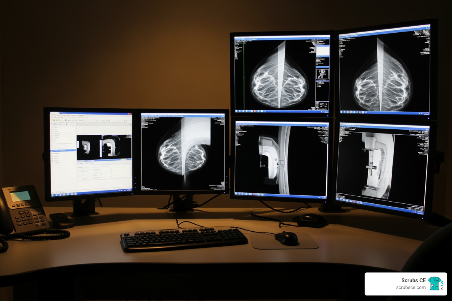 Radiology workstation with high-resolution monitors for mammography interpretation - ARRT certification mammography Radiology workstation with high-resolution monitors for mammography interpretation - ARRT certification mammography