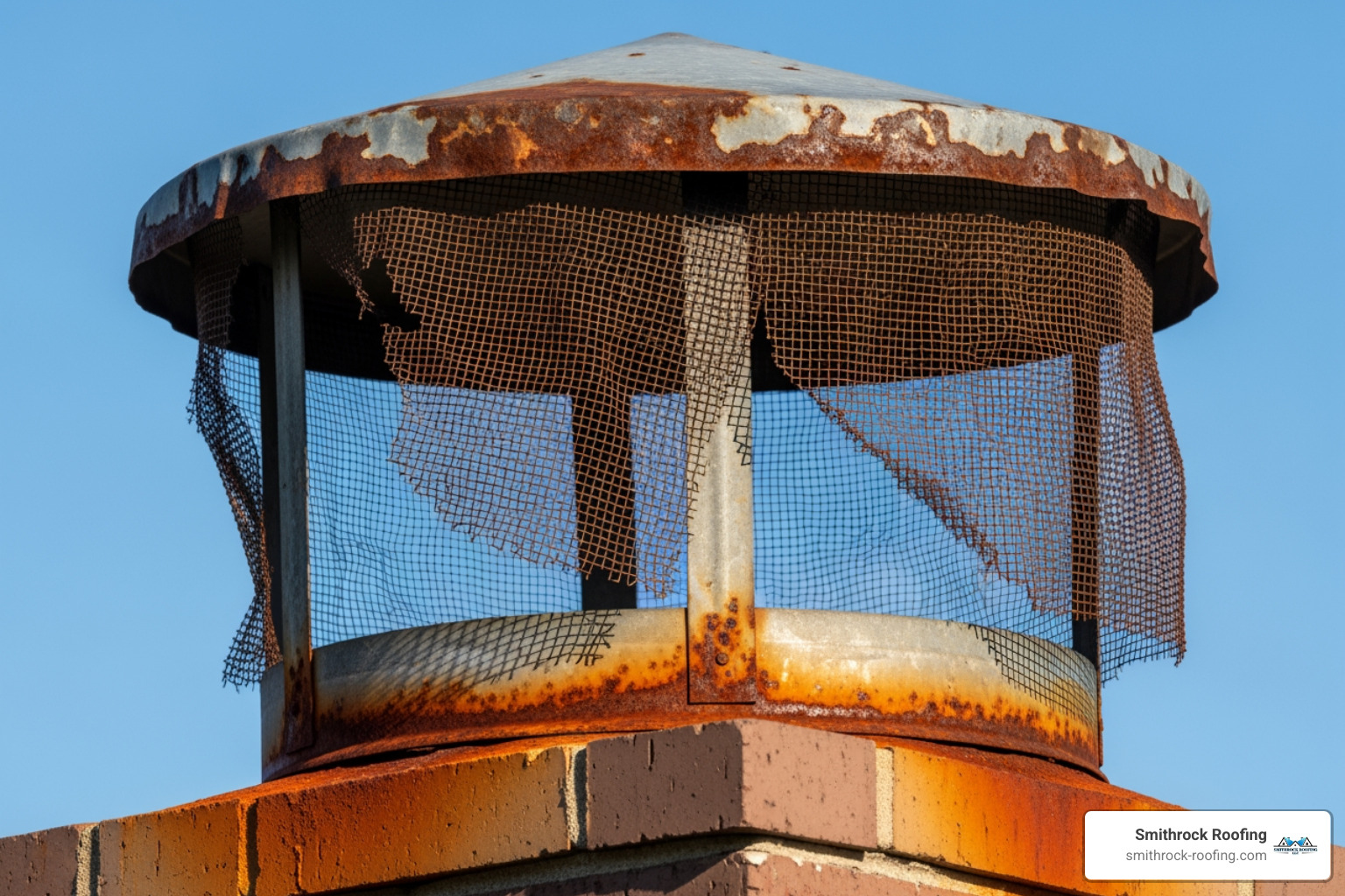 A close-up photo of a severely rusted and deteriorating galvanized steel chimney cap on a brick chimney; the mesh is partially detached, and rust stains are visible on the surrounding chimney crown; the background shows a clear blue sky, emphasizing the exposure of the chimney to the elements - replace a chimney cap
