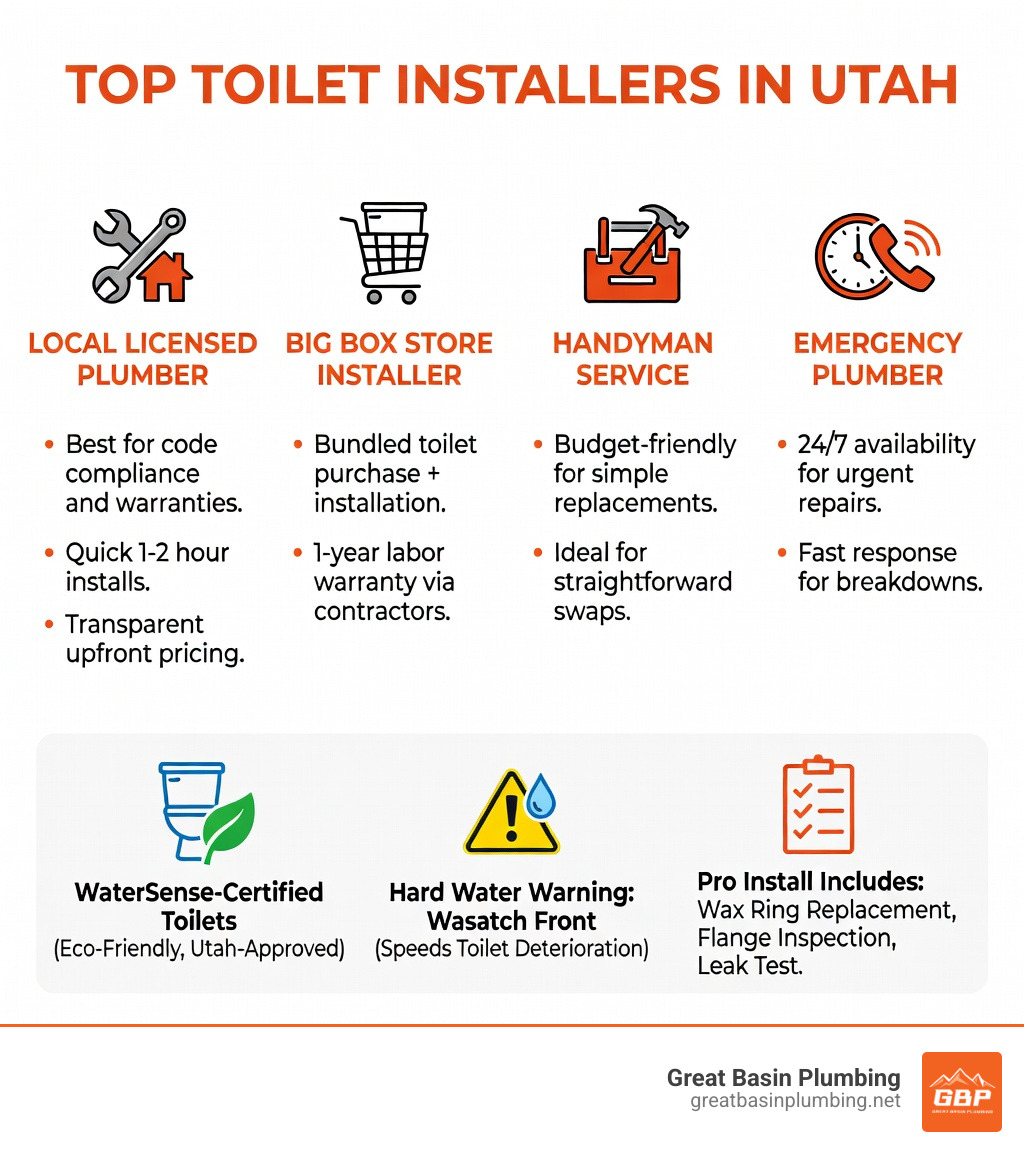 Infographic showing top toilet installers in Utah by type, cost range, and key features: local licensed plumber (best for code compliance, 1-2 hours, upfront pricing), big box store installer (bundled purchase and install, 1-year labor warranty), handyman service (budget-friendly, simple swaps), and emergency plumber (24/7 availability, urgent repairs); includes icons for WaterSense-certified toilets, hard water warning for Wasatch Front, and a checklist of what professional installation includes: wax ring, flange inspection, leak test - toilet installation utah infographic 
