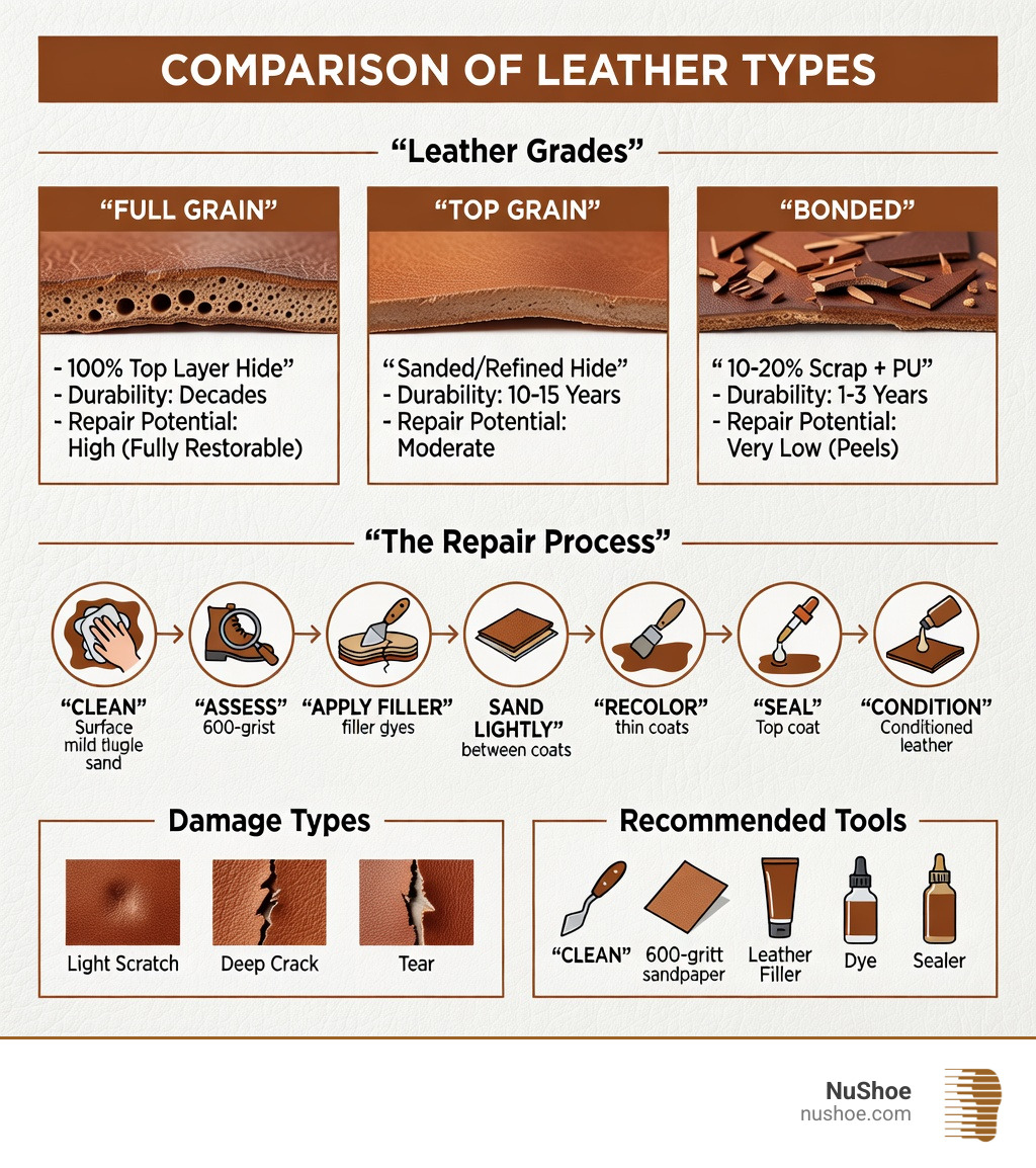 Comparison of leather types - Full grain leather repair infographic 