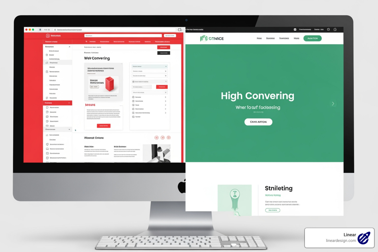 A comparison showing a cluttered landing page with multiple links and navigation bars versus a clean, high-converting design with a single focus - effective landing page design