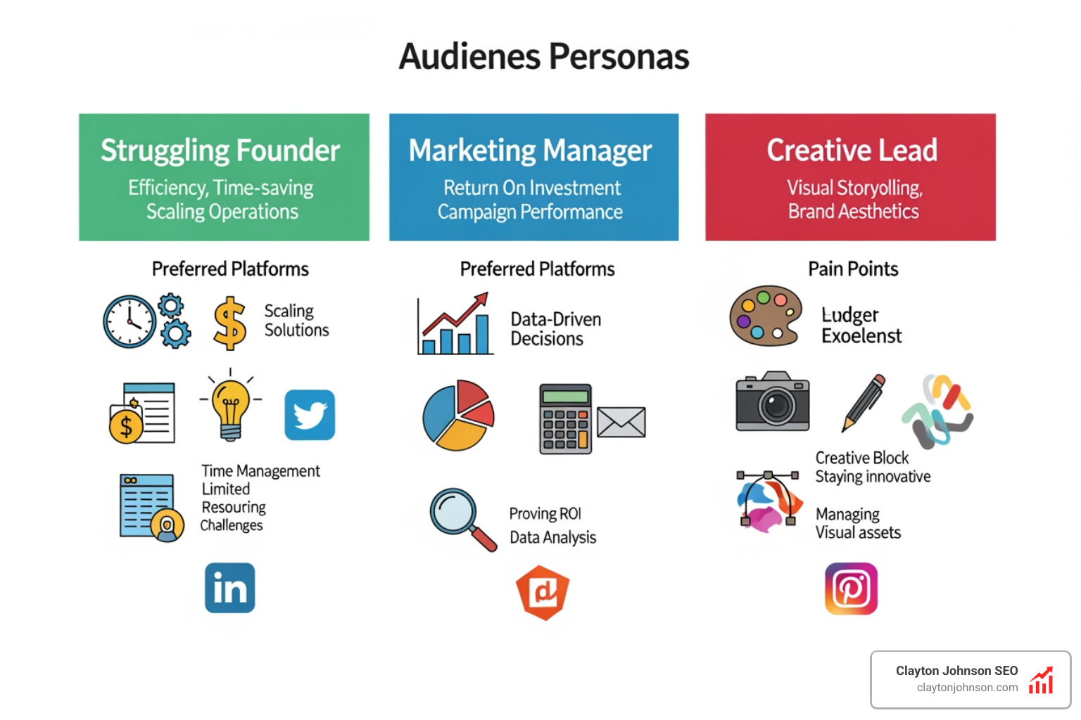 Graphic showing audience persona mapping with three distinct segments: The 'Struggling Founder' focused on efficiency, The 'Marketing Manager' focused on ROI data, and The 'Creative Lead' focused on visual storytelling, each with their preferred platforms and pain points - social media growth plan