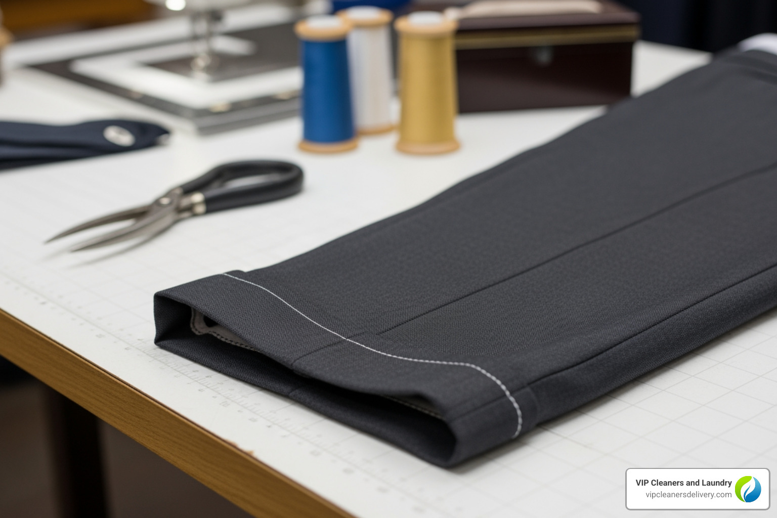 perfectly hemmed trousers resting on a tailor's table - same day clothes alterations