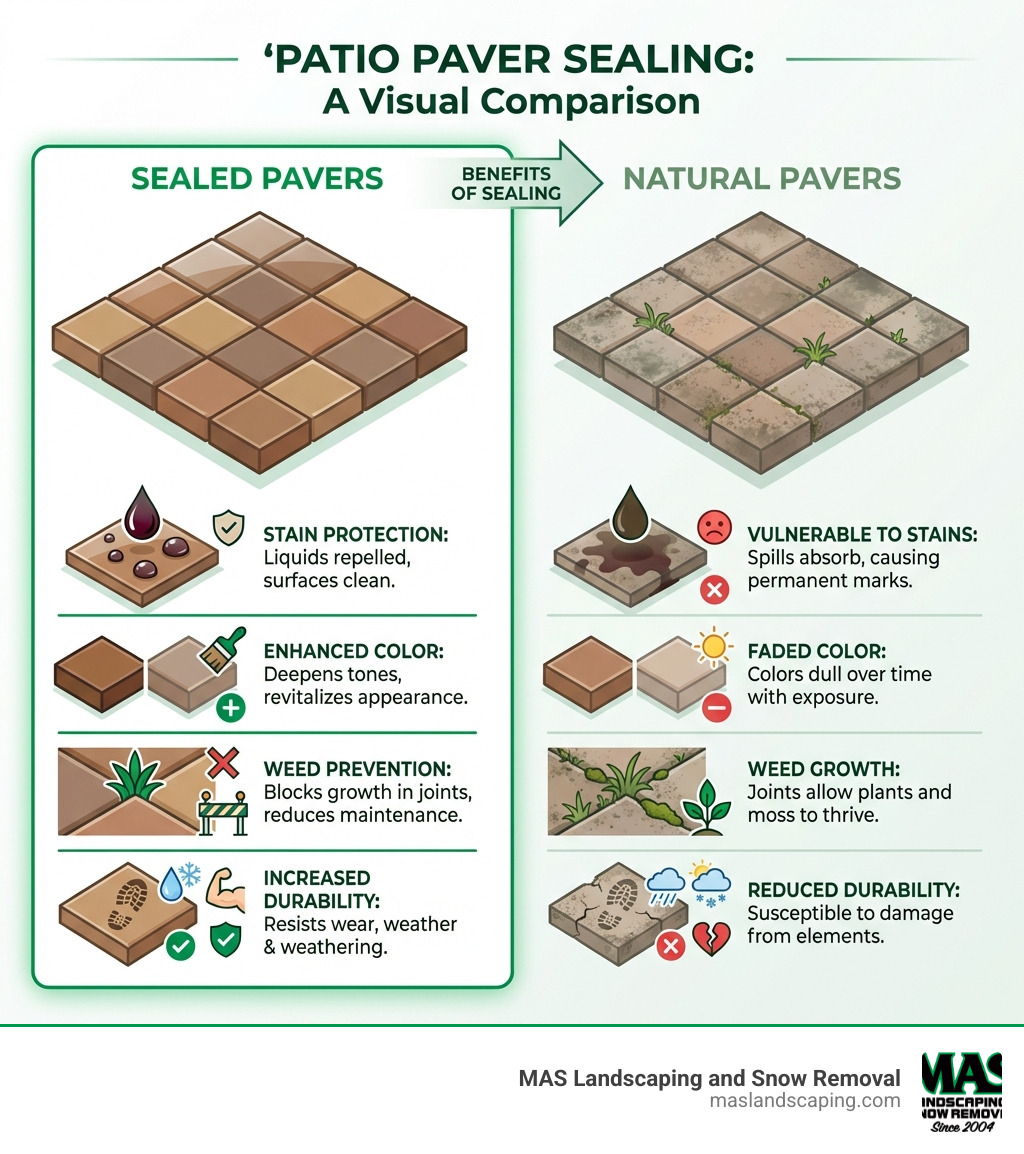 Infographic comparing the benefits of sealing patio pavers versus leaving them natural, detailing protection against stains, enhanced color, weed prevention, and increased durability. - Patio Paver Sealing infographic 