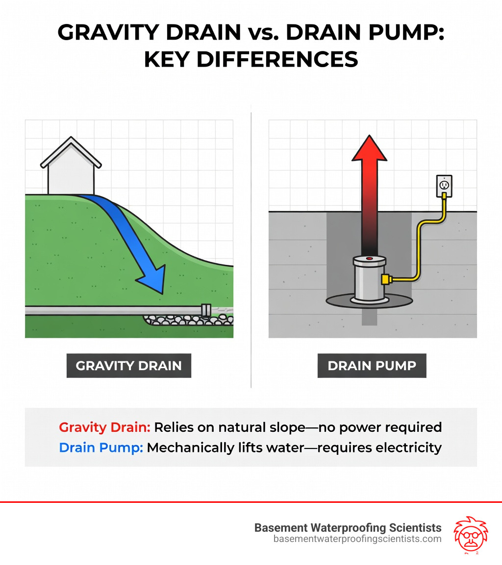 Infographic: Gravity Drain vs. Drain Pump - Key Differences - gravity drain infographic 