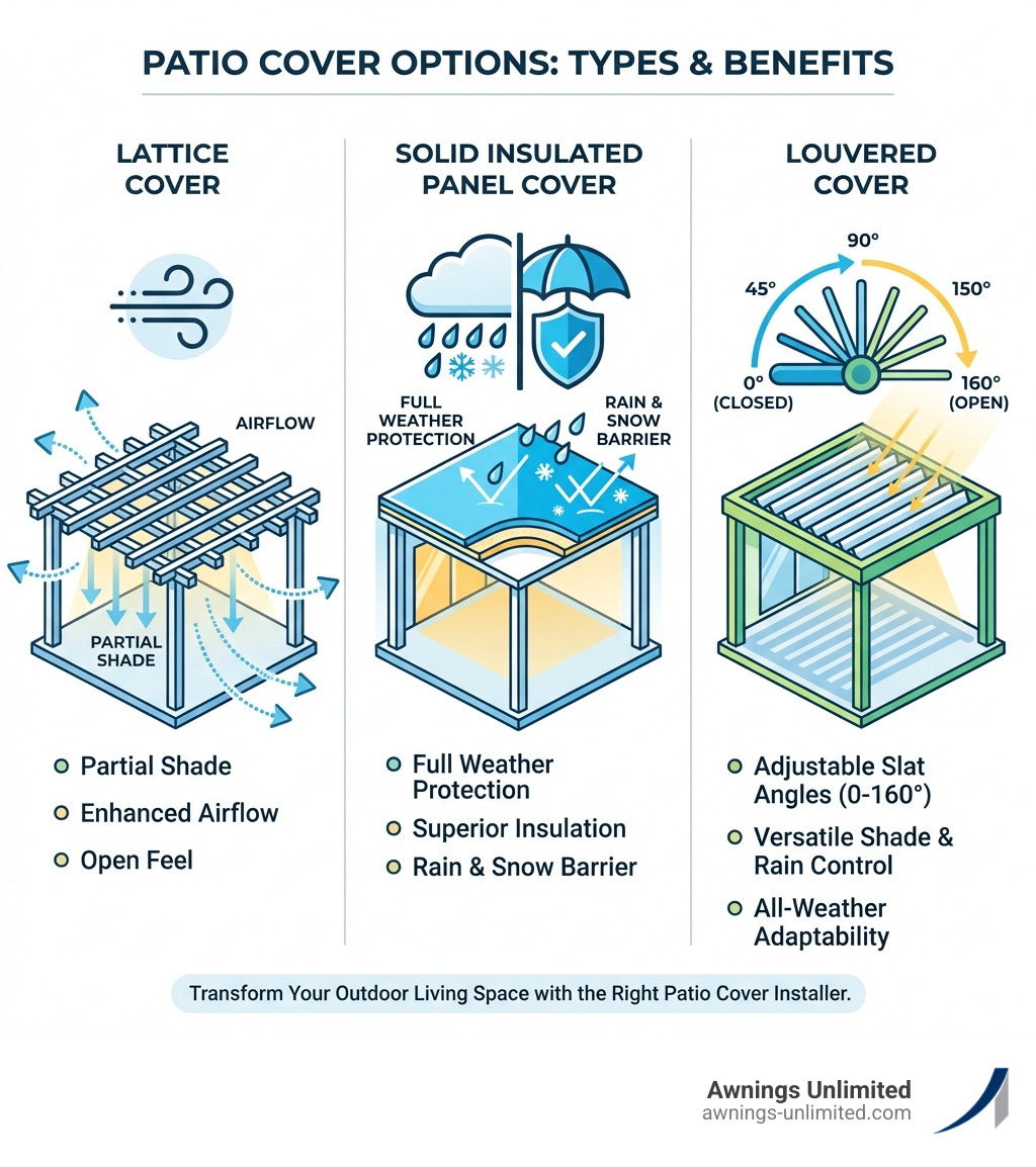 Infographic showing three types of patio covers side by side: a lattice cover with partial shade and airflow arrows, a solid insulated panel cover with full weather protection icon and rain bounce illustration, and a louvered cover with adjustable slat angles labeled 0 to 160 degrees, each with key pros listed below in simple bullet points - Patio Cover Installers infographic Infographic showing three types of patio covers side by side: a lattice cover with partial shade and airflow arrows, a solid insulated panel cover with full weather protection icon and rain bounce illustration, and a louvered cover with adjustable slat angles labeled 0 to 160 degrees, each with key pros listed below in simple bullet points - Patio Cover Installers infographic