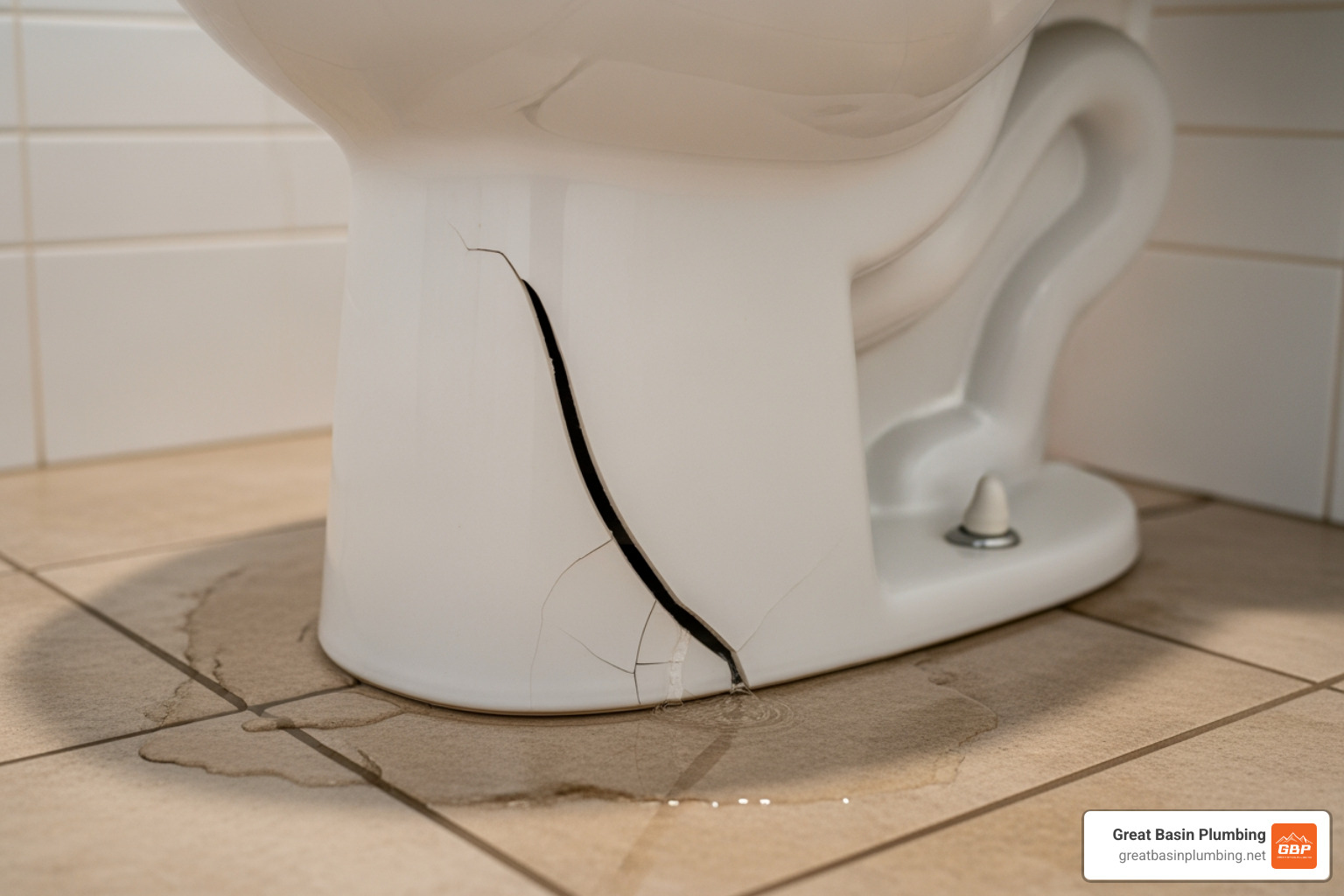 cracked toilet base showing a leak onto the bathroom floor - toilet installation utah