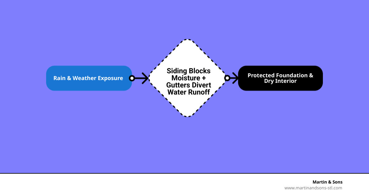 Infographic showing the layers of a home's exterior protection system: from structural sheathing and insulation to weather-resistant barrier, siding material (vinyl, fiber cement, or wood), and gutters/downspouts directing water away from the foundation — with labels showing what each layer protects against including moisture, wind, heat loss, and foundation erosion - siding and gutter contractors near me infographic flowmap_simple Infographic showing the layers of a home's exterior protection system: from structural sheathing and insulation to weather-resistant barrier, siding material (vinyl, fiber cement, or wood), and gutters/downspouts directing water away from the foundation — with labels showing what each layer protects against including moisture, wind, heat loss, and foundation erosion - siding and gutter contractors near me infographic flowmap_simple
