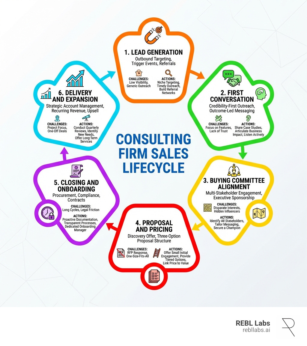 Infographic showing the consulting firm sales lifecycle: stages include Lead Generation (outbound targeting, trigger events, referrals), First Conversation (credibility-first outreach, outcome-led messaging), Buying Committee Alignment (multi-stakeholder engagement, executive sponsorship), Proposal and Pricing (discovery offer, three-option proposal structure), Closing and Onboarding (procurement, compliance, contracts), and Delivery and Expansion (strategic account management, recurring revenue, upsell). Each stage includes key challenges and recommended actions for consulting firms. - consulting firm sales infographic Infographic showing the consulting firm sales lifecycle: stages include Lead Generation (outbound targeting, trigger events, referrals), First Conversation (credibility-first outreach, outcome-led messaging), Buying Committee Alignment (multi-stakeholder engagement, executive sponsorship), Proposal and Pricing (discovery offer, three-option proposal structure), Closing and Onboarding (procurement, compliance, contracts), and Delivery and Expansion (strategic account management, recurring revenue, upsell). Each stage includes key challenges and recommended actions for consulting firms. - consulting firm sales infographic