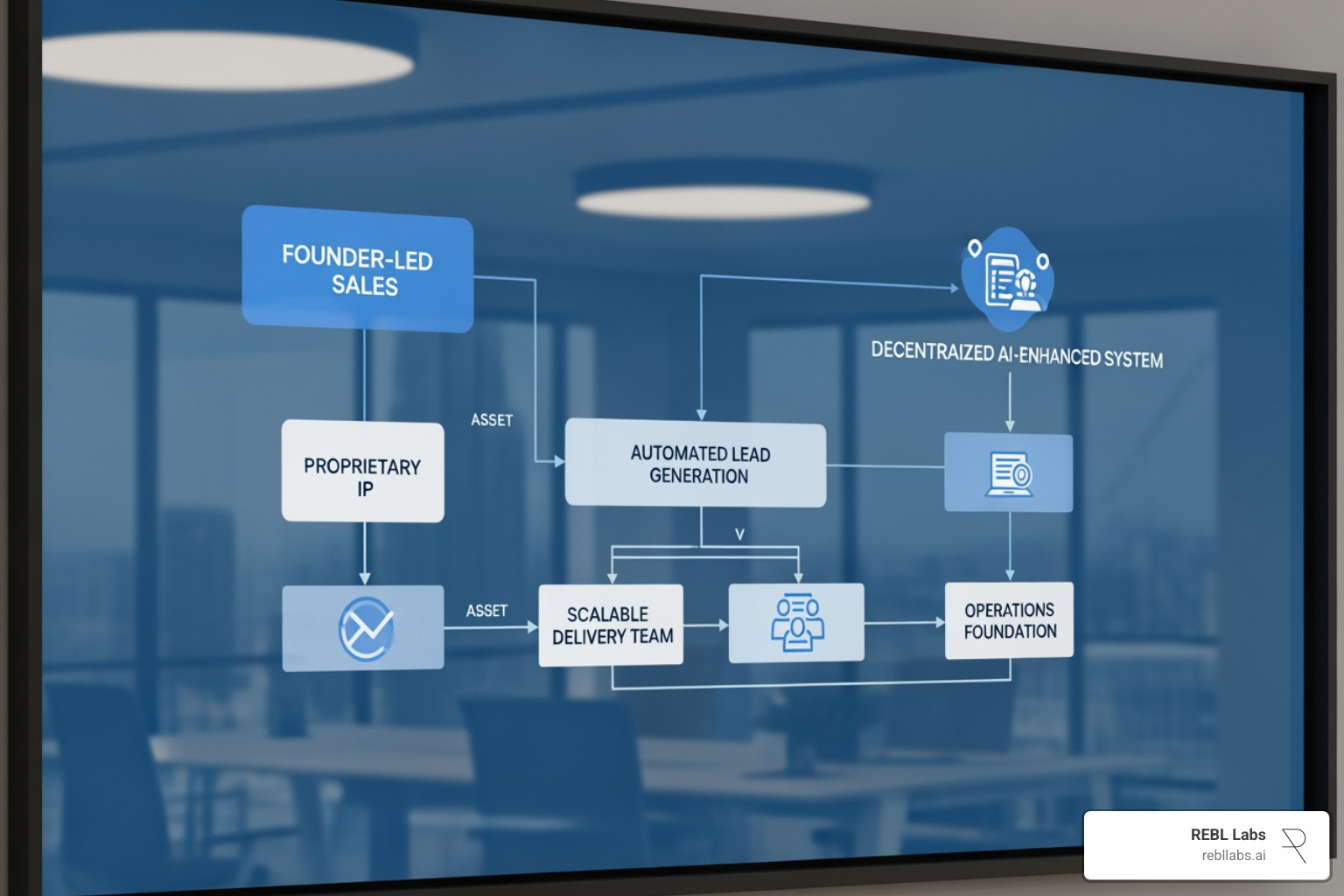 A systematized business model showing the transition from founder-led sales to a decentralized, AI-enhanced system. The graphic highlights the intersection of Proprietary IP, Automated Lead Generation, and a Scalable Delivery Team, all supported by a robust Operations Foundation. - consulting firm sales A systematized business model showing the transition from founder-led sales to a decentralized, AI-enhanced system. The graphic highlights the intersection of Proprietary IP, Automated Lead Generation, and a Scalable Delivery Team, all supported by a robust Operations Foundation. - consulting firm sales