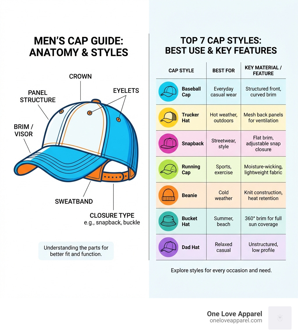 Infographic showing the anatomy of a men's cap including labeled parts such as crown, brim, sweatband, eyelets, closure type, and panel structure, alongside a comparison chart of the top 7 cap styles for men with their best use cases and key material features - caps for men infographic 