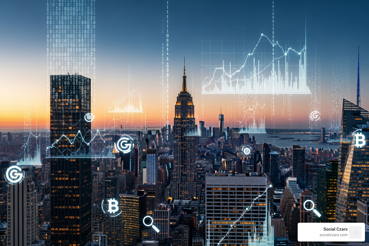 New York City skyline with digital data overlays - Crisis SEO in NYC