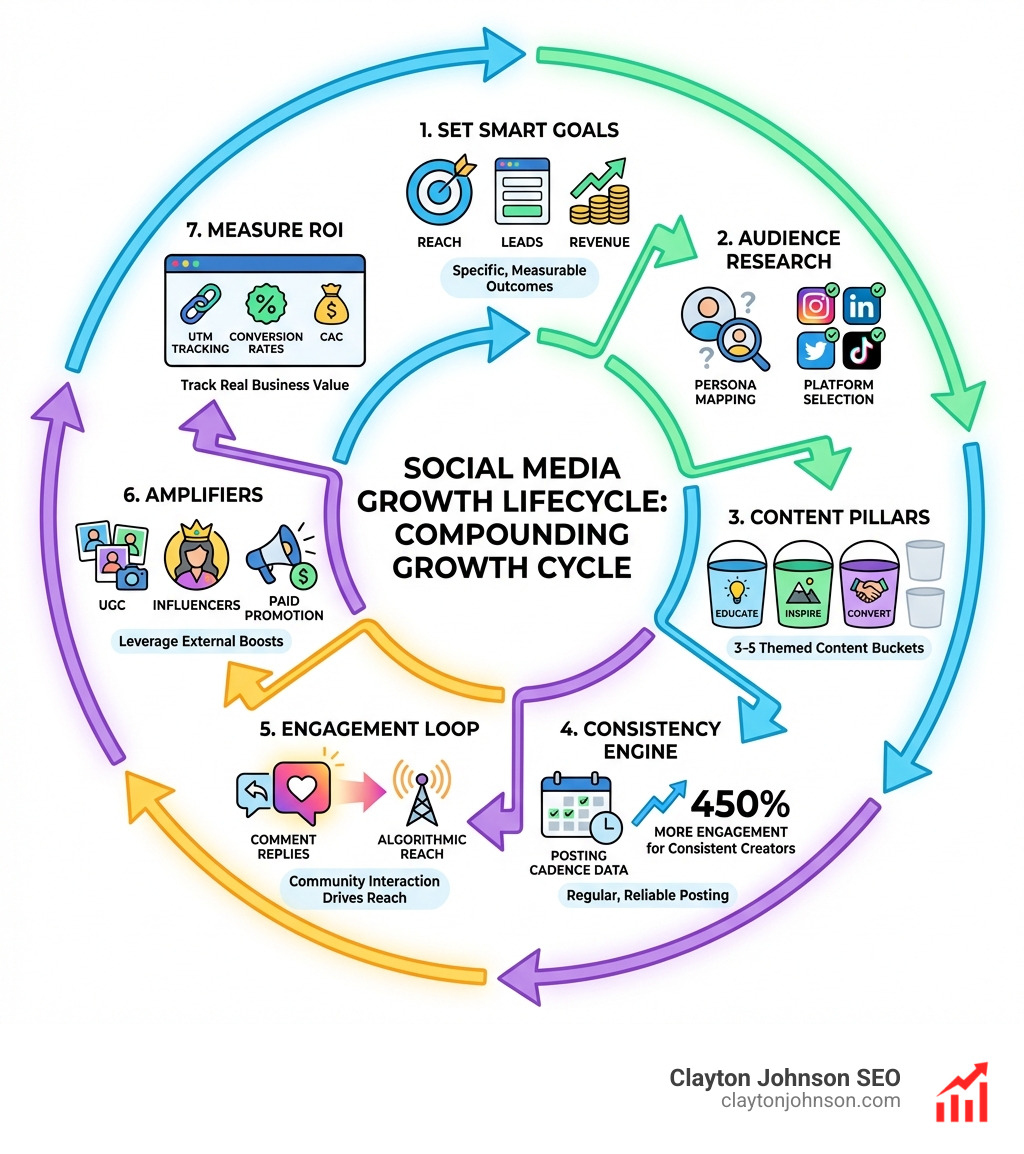 Infographic showing the social media growth lifecycle: Step 1 Set SMART Goals with icons for reach leads and revenue, Step 2 Audience Research with persona mapping and platform selection, Step 3 Content Pillars with 3 to 5 themed content buckets, Step 4 Consistency Engine showing posting cadence data with 450% more engagement for consistent creators, Step 5 Engagement Loop showing comment replies driving algorithmic reach, Step 6 Amplifiers including UGC influencers and paid promotion, Step 7 Measure ROI with UTM tracking conversion rates and CAC, all connected by arrows in a circular compounding growth cycle - social media growth plan infographic 