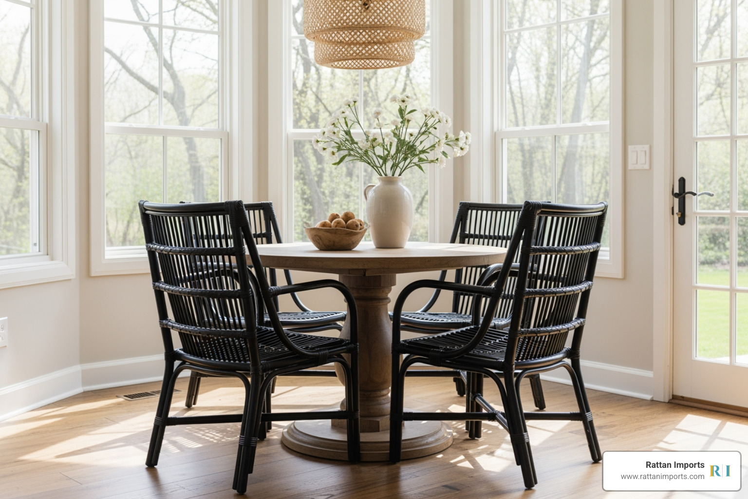 A sunlit breakfast nook featuring a black rattan dining chairs set of 4 around a small wooden pedestal table, highlighting the contrast between the dark weave and natural light - black rattan dining chairs set of 4 A sunlit breakfast nook featuring a black rattan dining chairs set of 4 around a small wooden pedestal table, highlighting the contrast between the dark weave and natural light - black rattan dining chairs set of 4