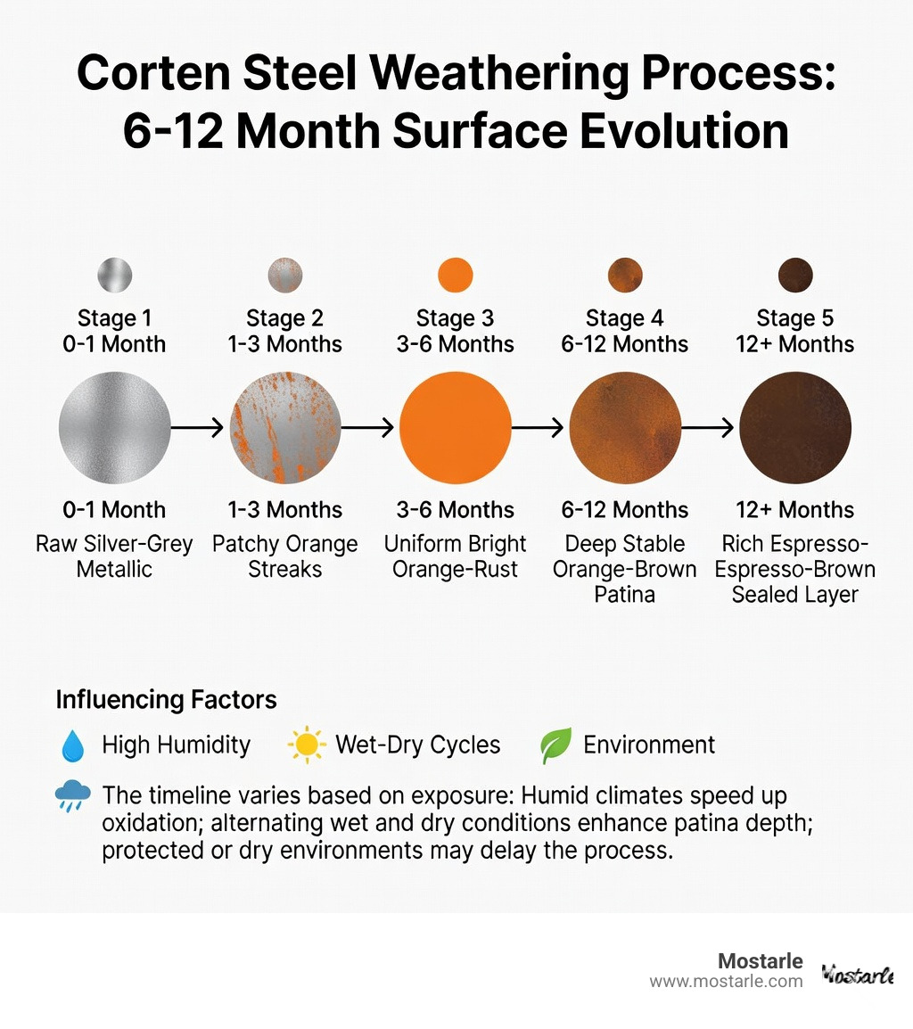 Infographic showing the 6-12 month Corten steel weathering timeline: Stage 1 (0-1 month) raw silver-grey metallic surface, Stage 2 (1-3 months) patchy orange streaks begin forming, Stage 3 (3-6 months) uniform bright orange-rust tone, Stage 4 (6-12 months) deep, stable orange-brown patina, Stage 5 (12+ months) rich espresso-brown sealed protective layer, with notes on humidity, wet-dry cycles, and environment affecting speed - corten steel sculpture infographic Infographic showing the 6-12 month Corten steel weathering timeline: Stage 1 (0-1 month) raw silver-grey metallic surface, Stage 2 (1-3 months) patchy orange streaks begin forming, Stage 3 (3-6 months) uniform bright orange-rust tone, Stage 4 (6-12 months) deep, stable orange-brown patina, Stage 5 (12+ months) rich espresso-brown sealed protective layer, with notes on humidity, wet-dry cycles, and environment affecting speed - corten steel sculpture infographic