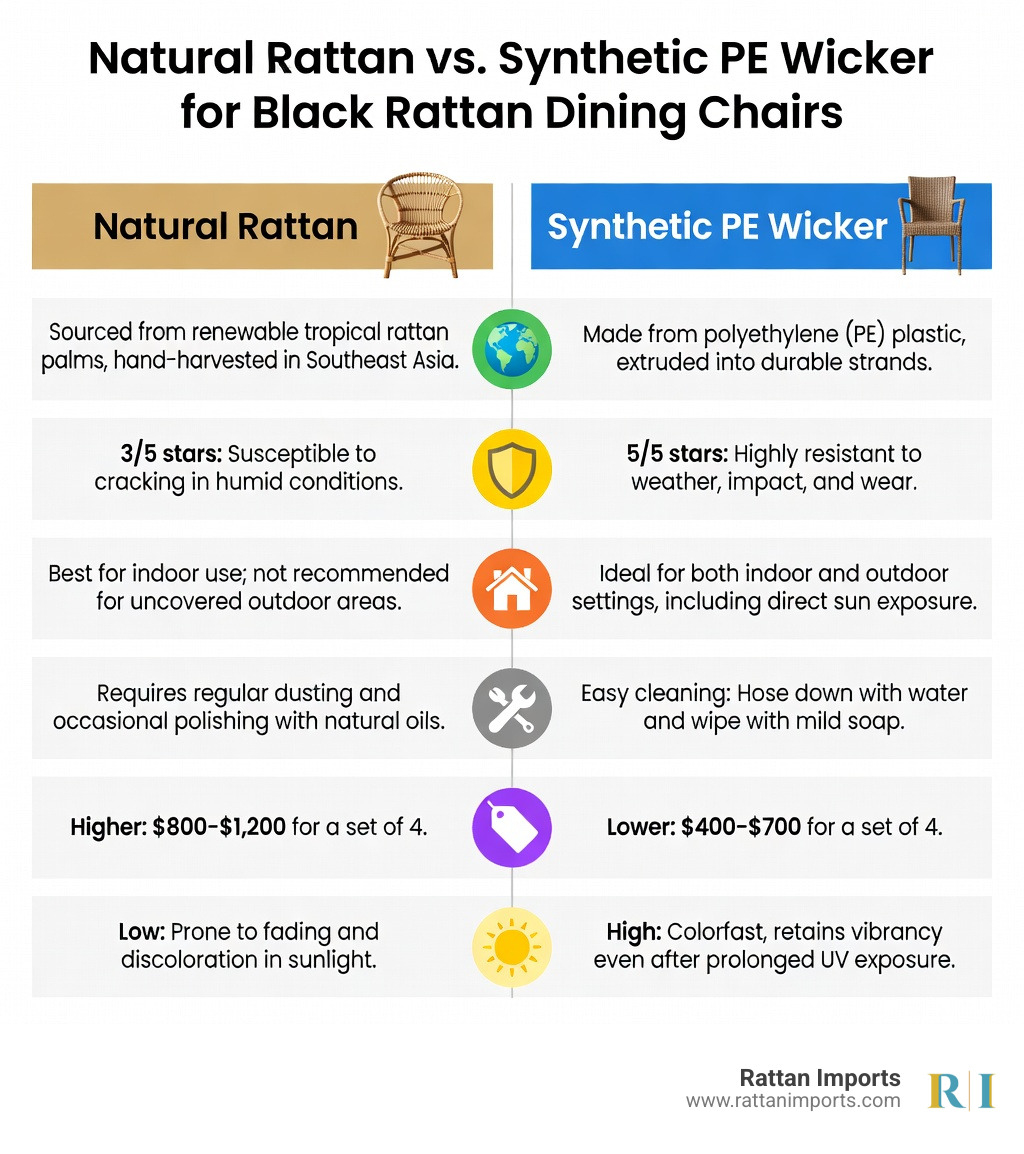 Infographic comparing natural rattan vs synthetic PE wicker for black rattan dining chairs set of 4: two columns showing material source, durability rating, indoor vs outdoor suitability, maintenance requirements, price range, and UV resistance for each material type - black rattan dining chairs set of 4 infographic Infographic comparing natural rattan vs synthetic PE wicker for black rattan dining chairs set of 4: two columns showing material source, durability rating, indoor vs outdoor suitability, maintenance requirements, price range, and UV resistance for each material type - black rattan dining chairs set of 4 infographic