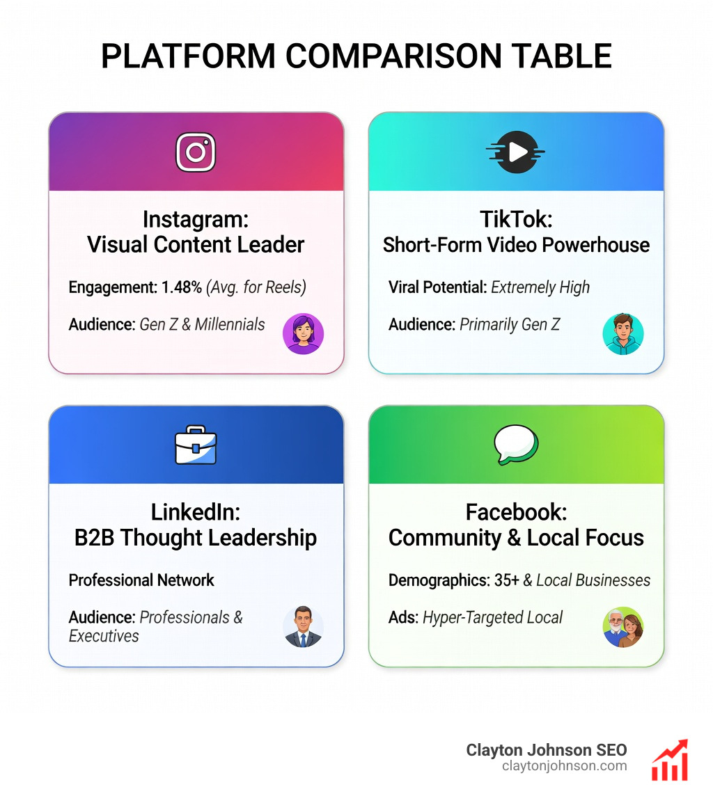 Platform Comparison Table: Instagram (Visual, 1.48% engagement, Gen Z/Millennials), TikTok (Short video, viral potential, Gen Z), LinkedIn (B2B, professional, high-intent), Facebook (Community, older demographics, local ads) - social media campaign steps infographic 